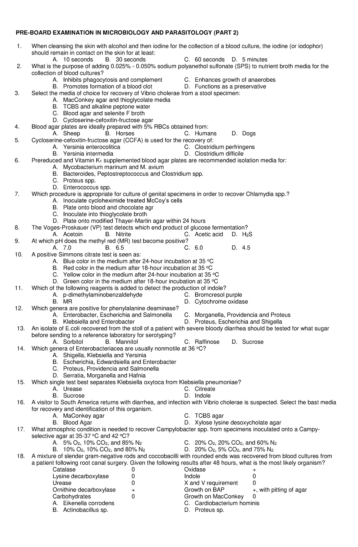 Part2 Micro - PRE-BOARD EXAMINATION IN MICROBIOLOGY AND PARASITOLOGY ...