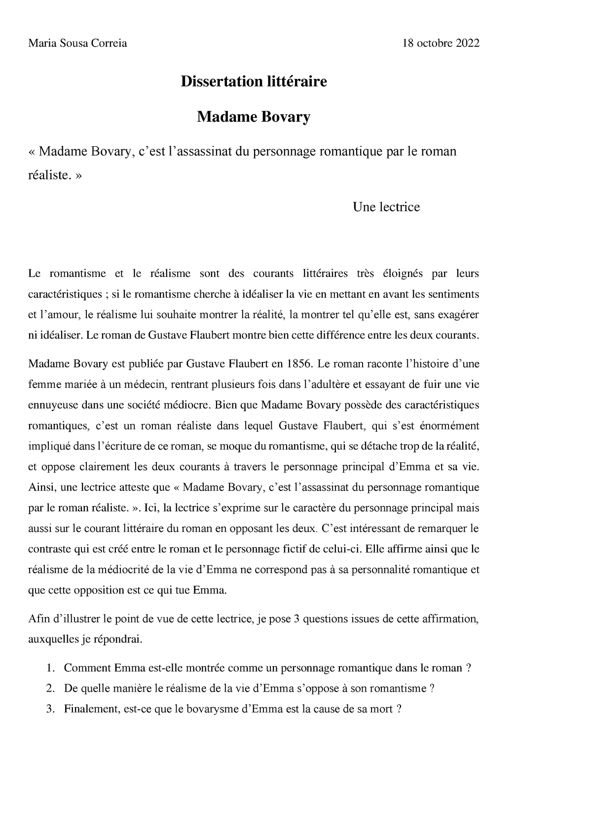 exemple dissertation madame bovary