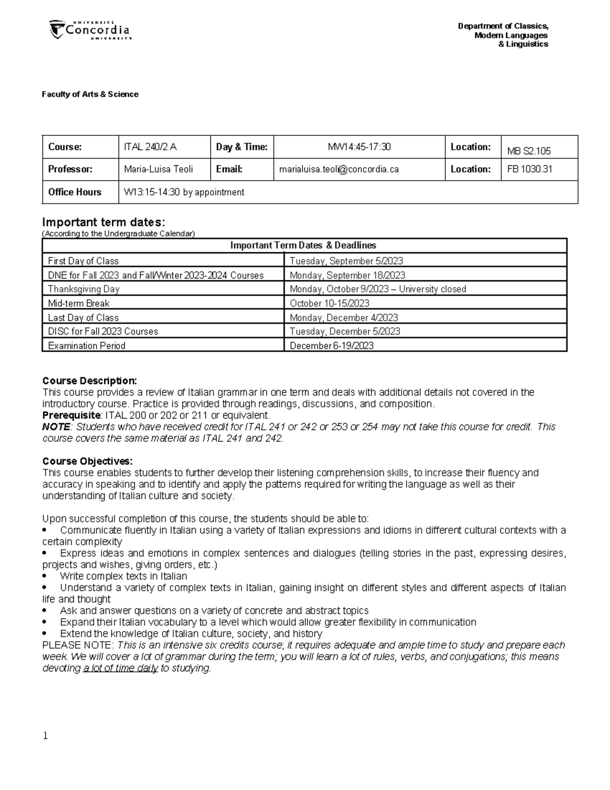 Ital240 - Course Outline ITAL 240 - Faculty of Arts & Science Course ...