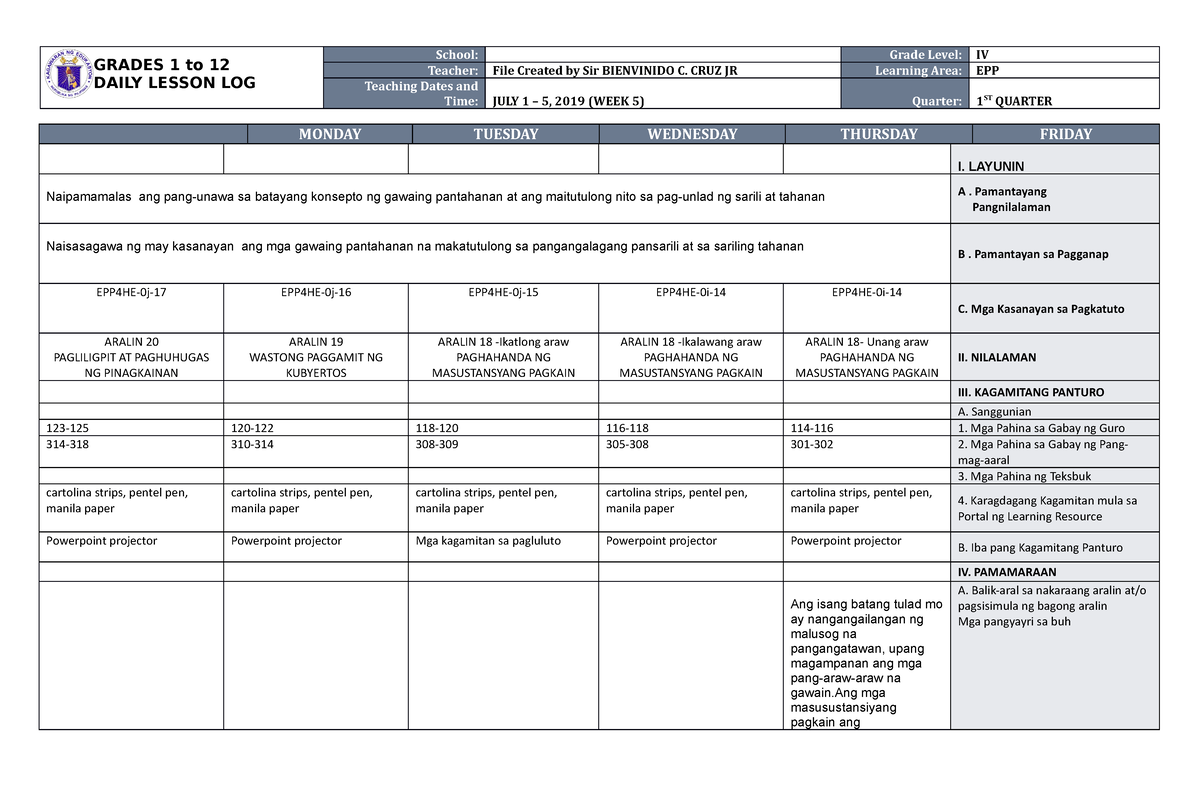 Dll Epp 4 Q1 W5 Dll Epp 4 Q1 W5 Grades 1 To 12 Daily Lesson Log School Grade Level Iv 0596