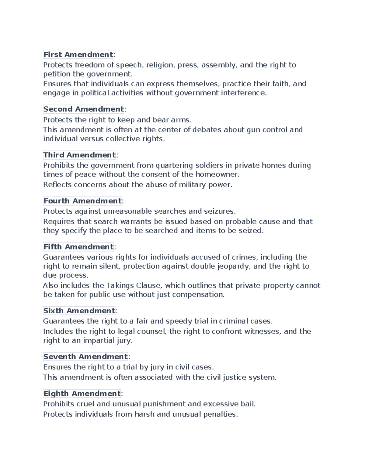 Bill of rights summary - First Amendment: Protects freedom of speech ...