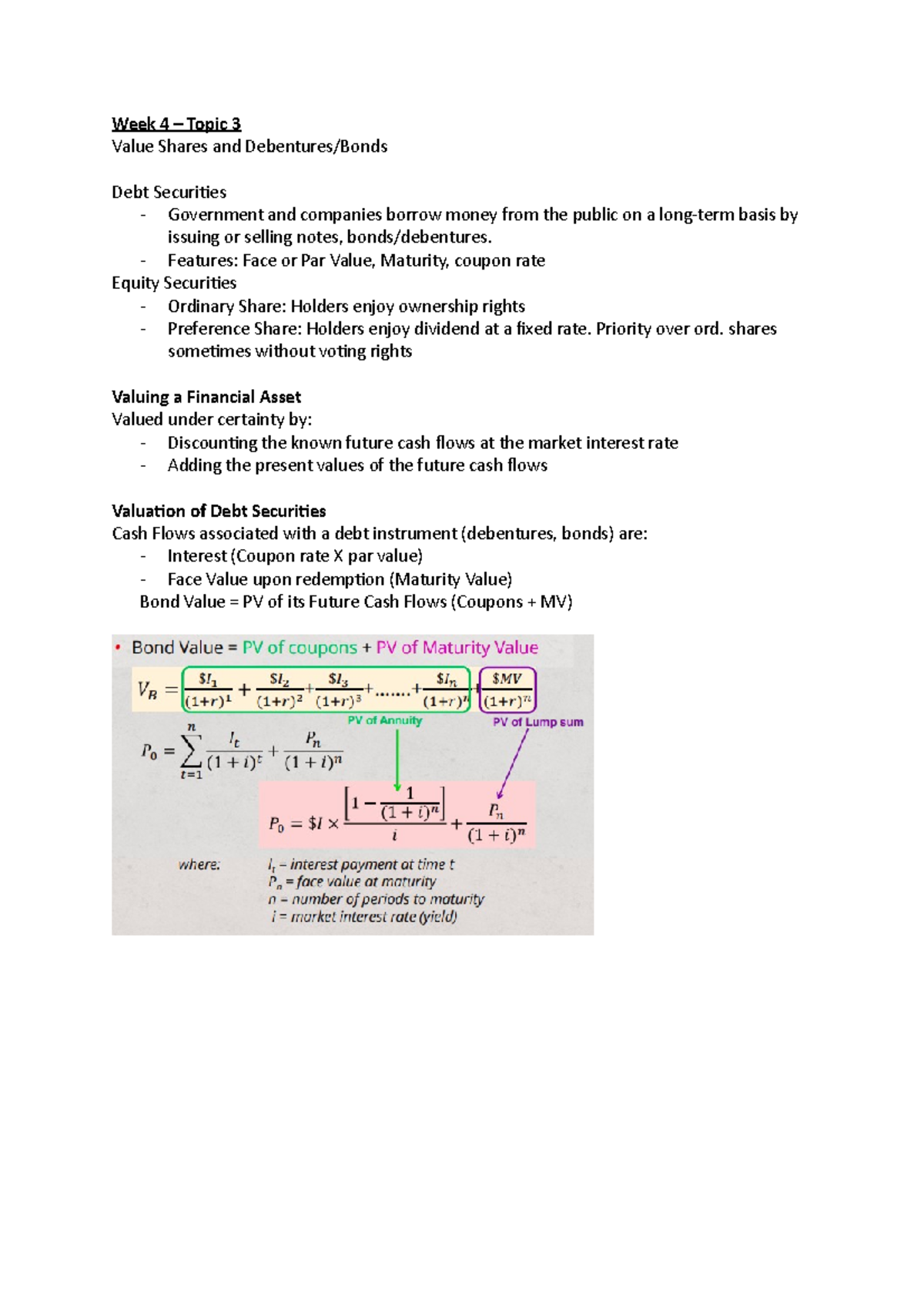 Week 4 – Topic 3 - Lecture notes 4 - Week 4 – Topic 3 Value Shares and ...