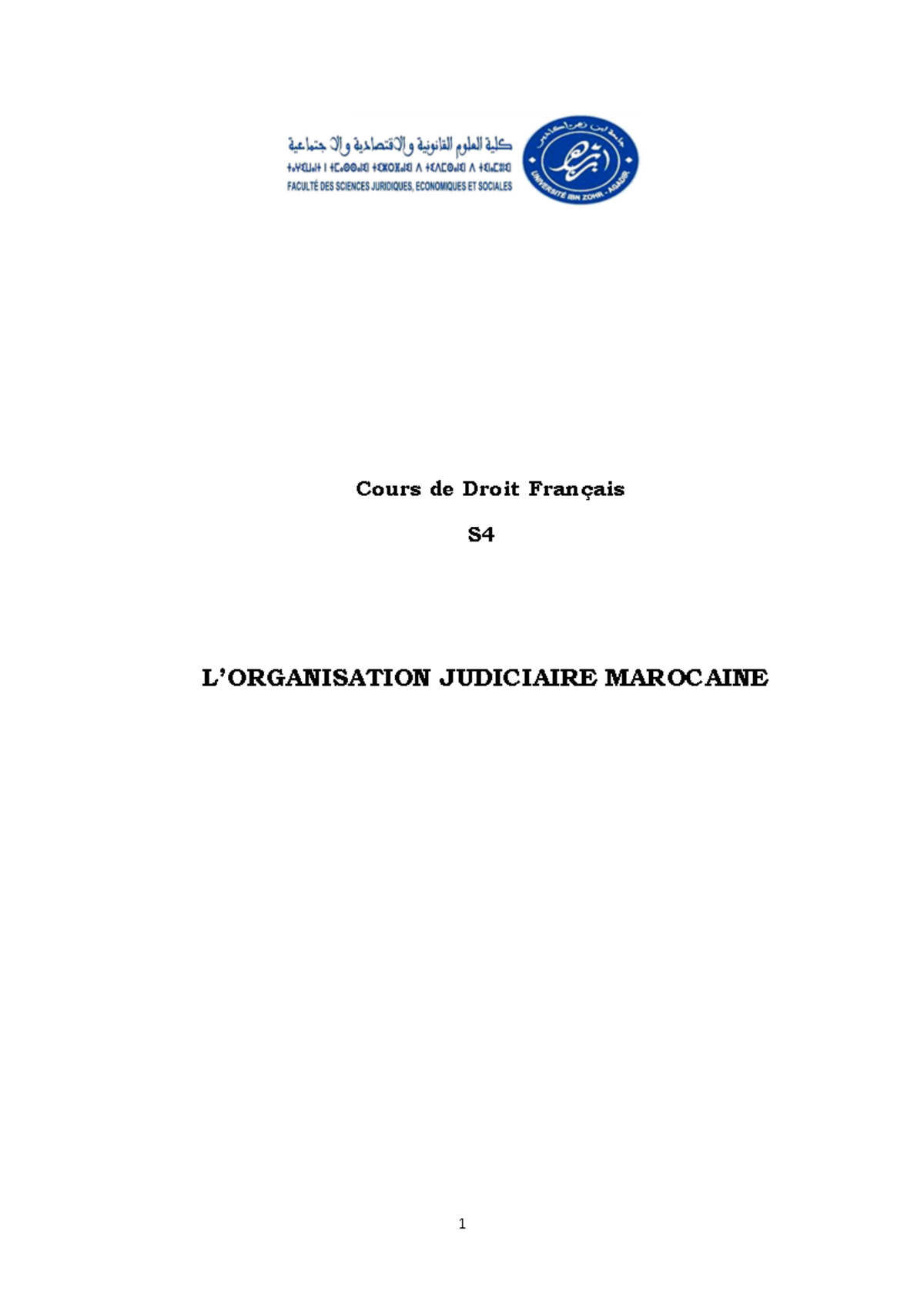 Cours judiciaire Cours de Droit Français S L