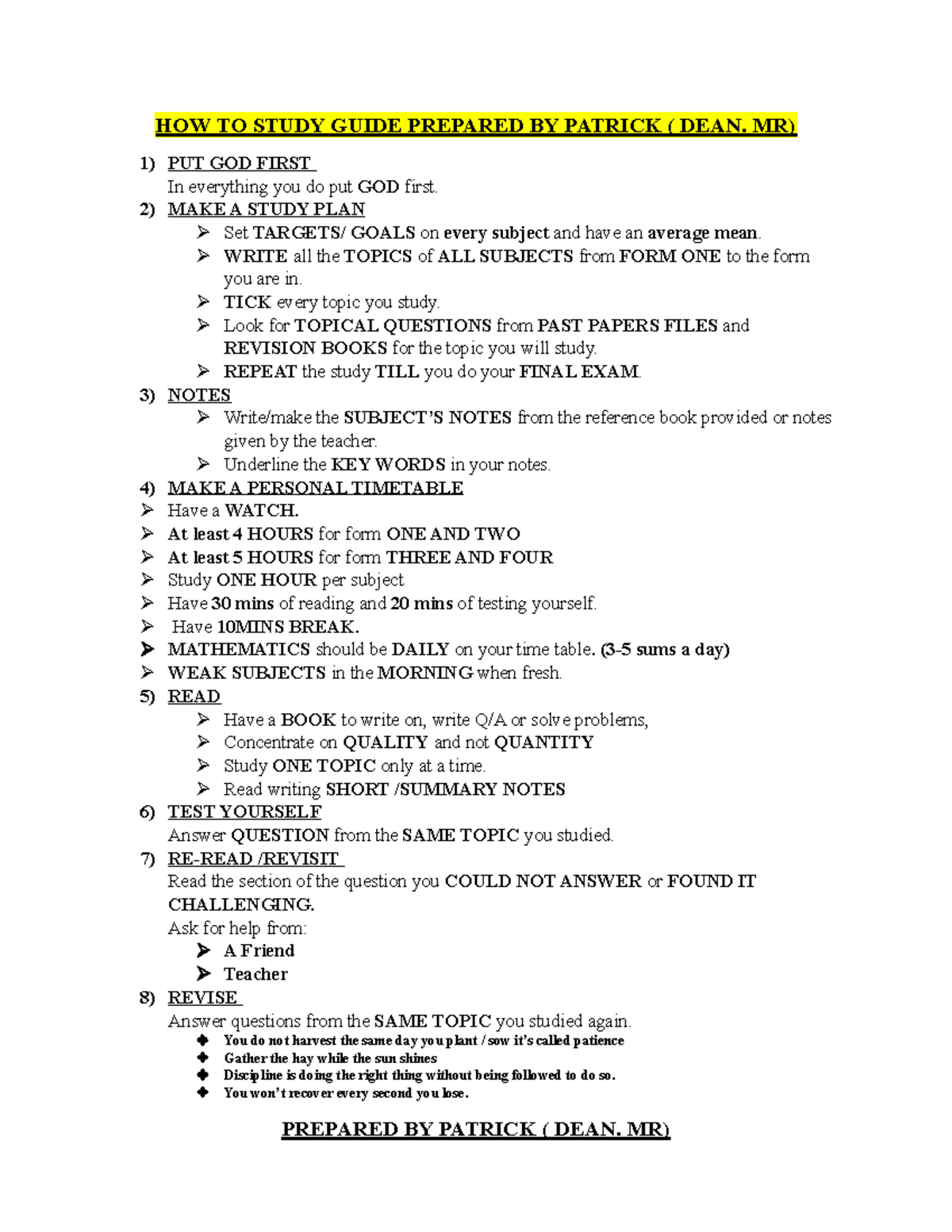 HOW TO Study Guide Prepared BY Patrick - HOW TO STUDY GUIDE PREPARED BY ...