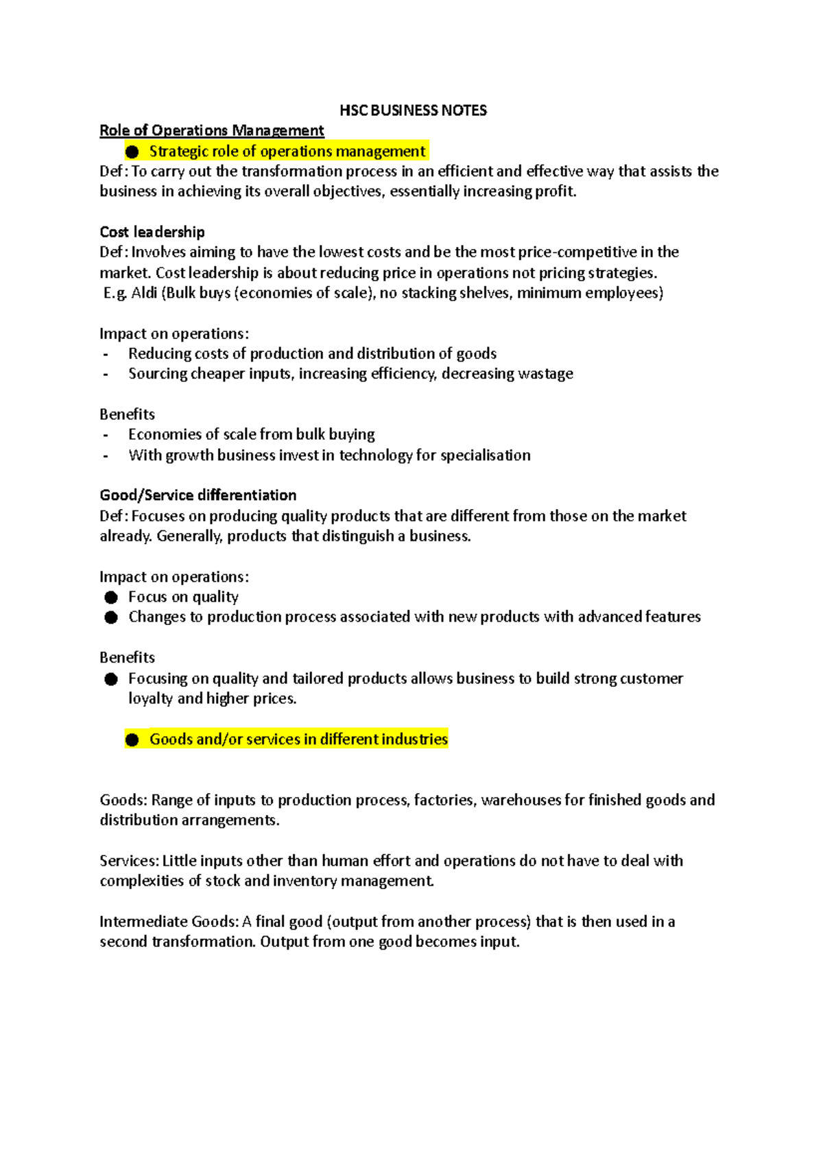 HSC Business Notes - HSC BUSINESS NOTES Role of Operations Management ...