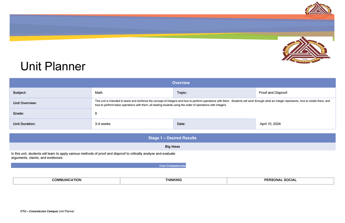 Unit Plan (stage 3) - Unit Planner Overview Subject: Math Topic: Proof ...