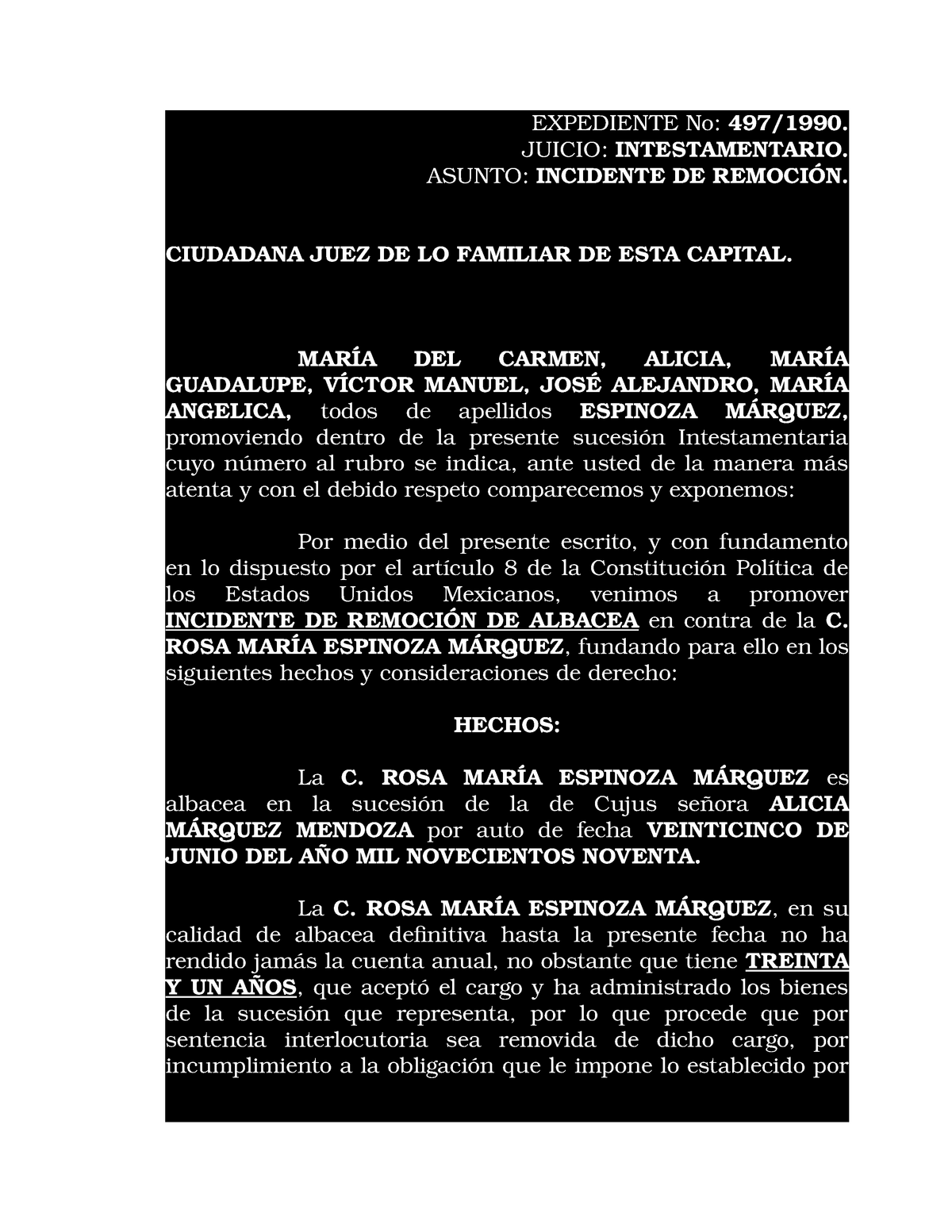 Incidente Remocion DE Albacea - EXPEDIENTE No: 497/1990. JUICIO:  INTESTAMENTARIO. ASUNTO: INCIDENTE - Studocu
