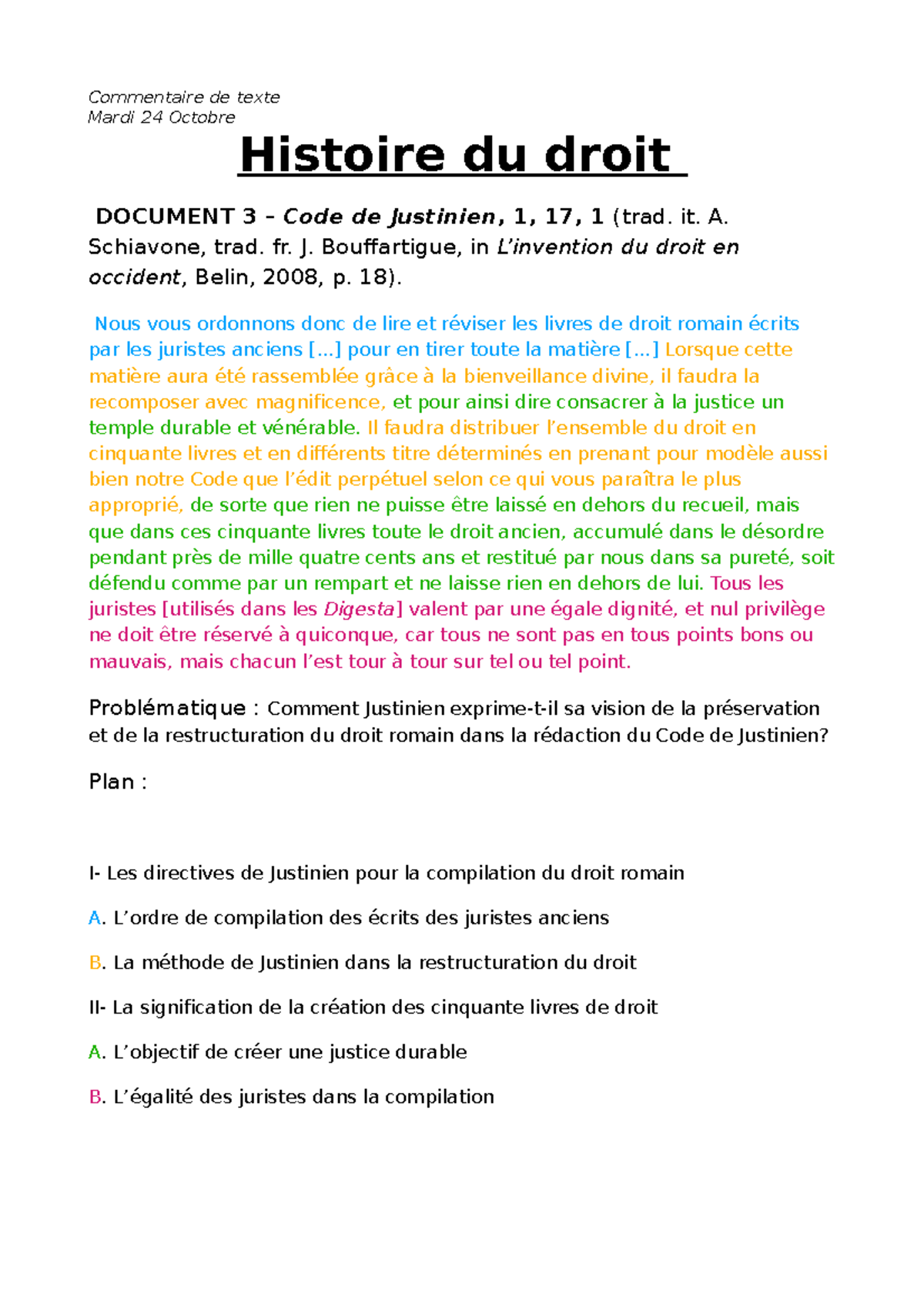 Commentaire de texte - Mardi 24 Octobre Histoire du droit DOCUMENT 3 ...