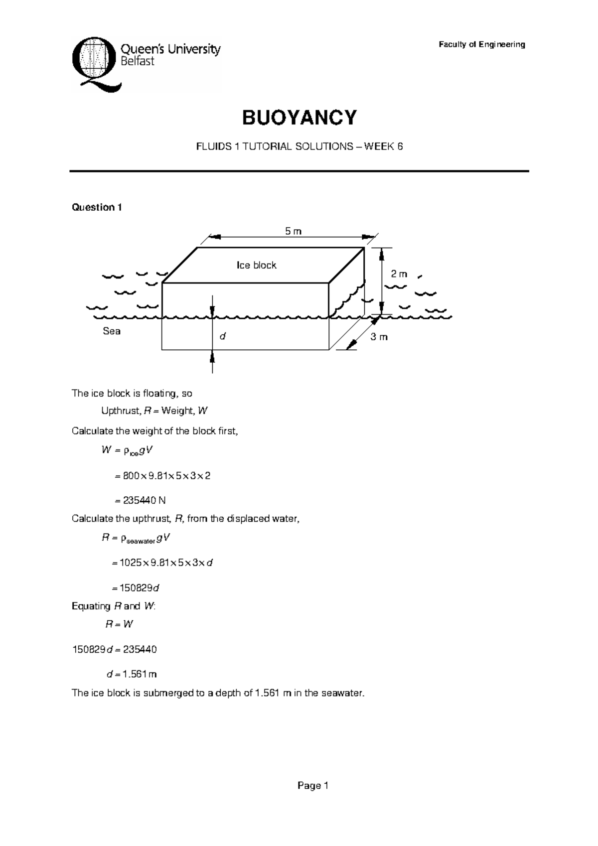 Tutorial Solutions Week 6 Buoyancy BUOYANCY FLUIDS 1 TUTORIAL