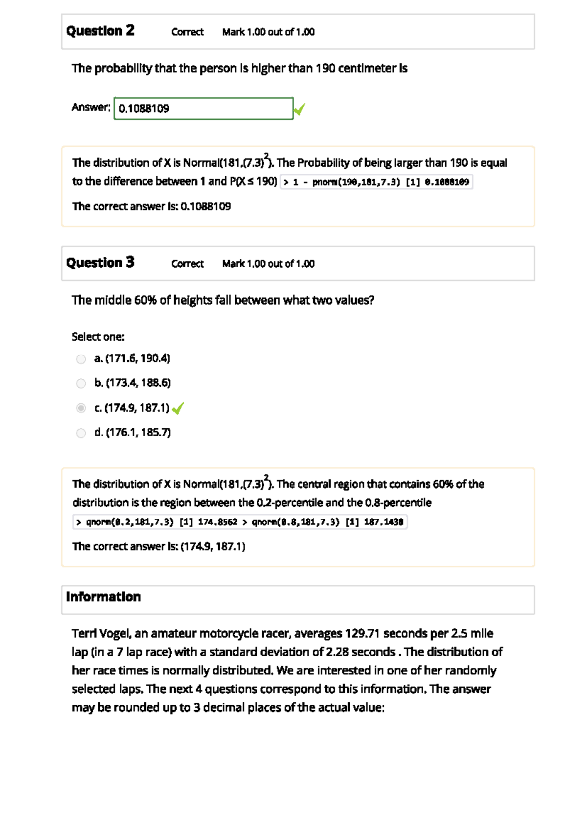 Math 1280 statistics self quiz unit 6 - Question 2 Correct Mark 1 out ...