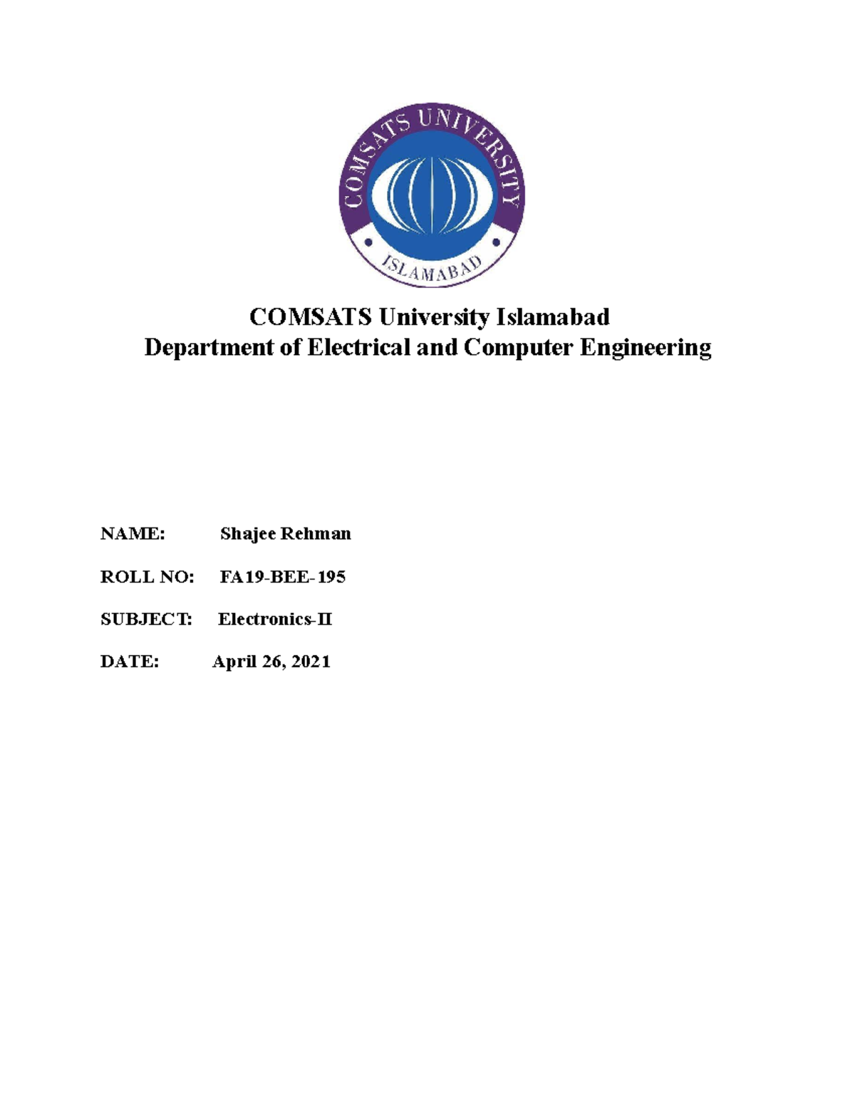 Electronics II Lab 9 COMSATS University Islamabad Department of