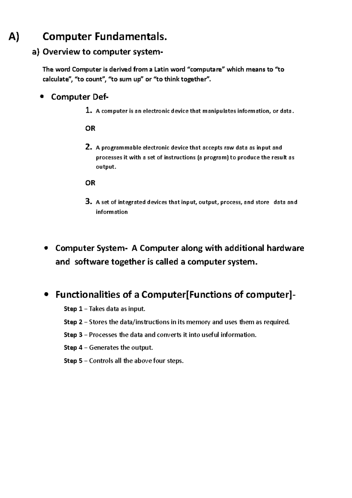 Computer Fundamentals New - a) Overview to computer system- The word ...