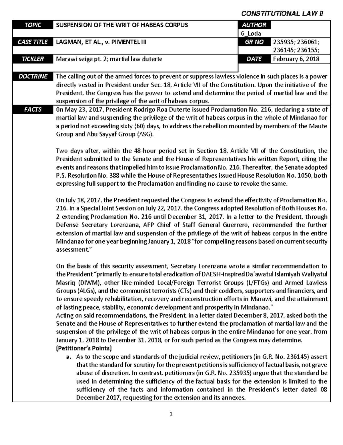 477950170 6 Lagman v Pimentel TOPIC SUSPENSION OF THE WRIT OF HABEAS