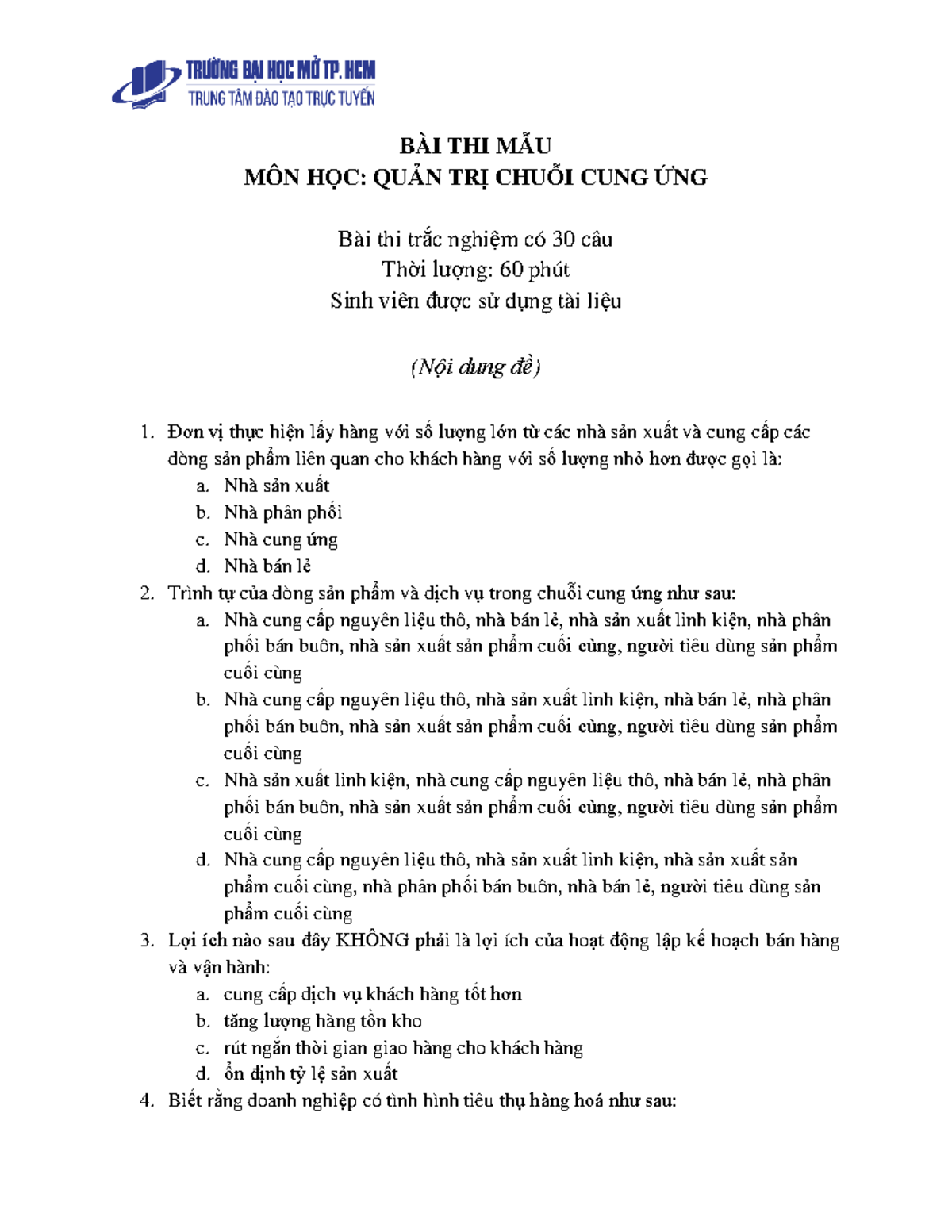 đề thi mẫu quản trị chuỗi cung ứng đh mo - BÀI THI MẪU MÔN HỌC: QUẢN ...