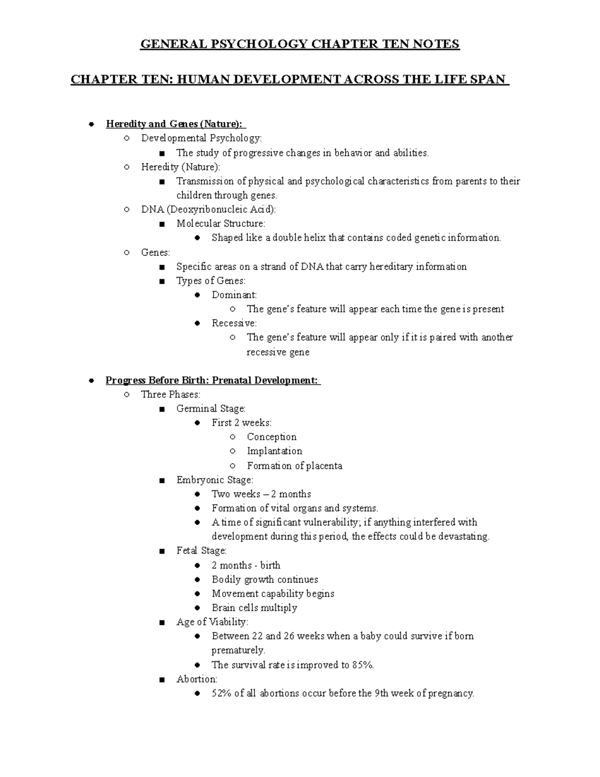 General Psychology Chapter TEN Notes - CHAPTER TEN: HUMAN DEVELOPMENT ...