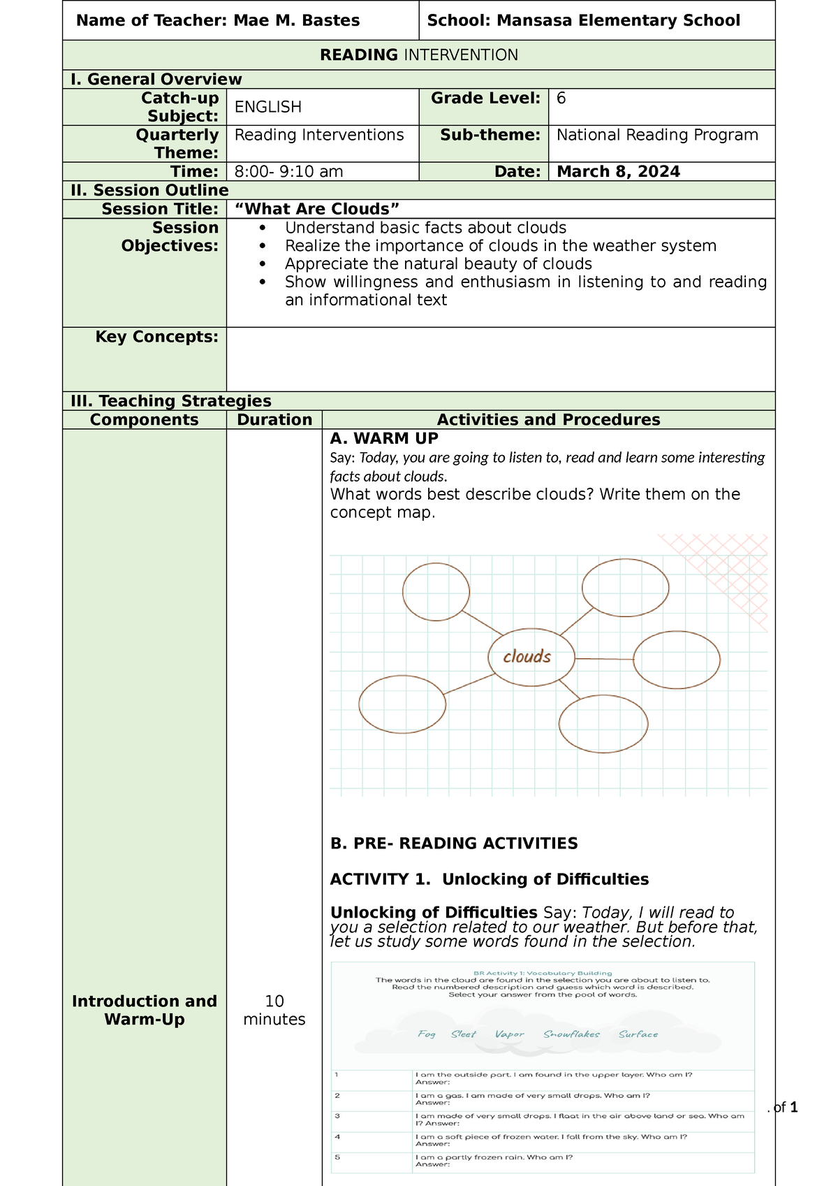 Catch Up Fridays Lesson Plan March 8 Catch Up Fridays Teaching Guide Page 1 Of 1 Name Of 3591