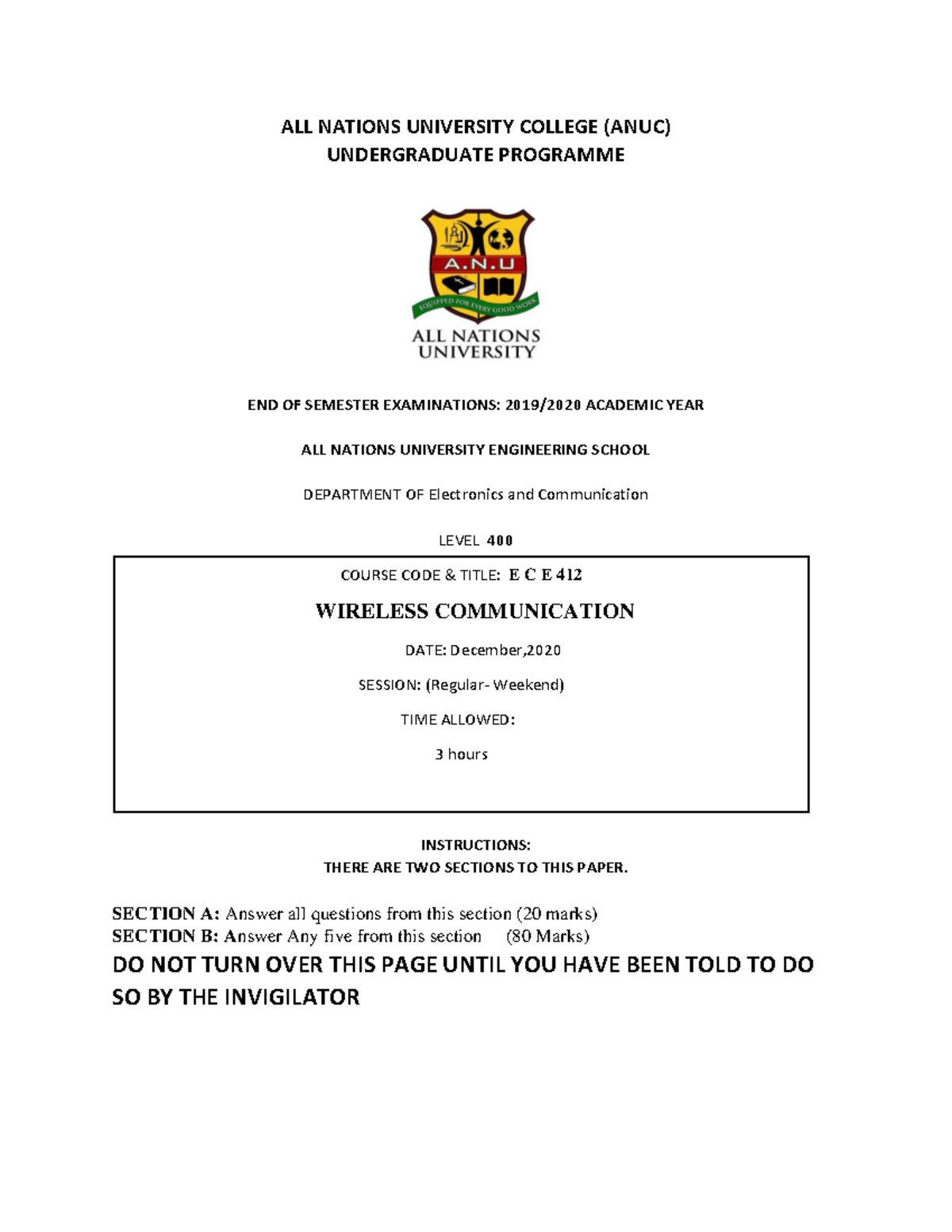 WC DEC 20 REG-WKD - past question - ALL NATIONS UNIVERSITY COLLEGE ...