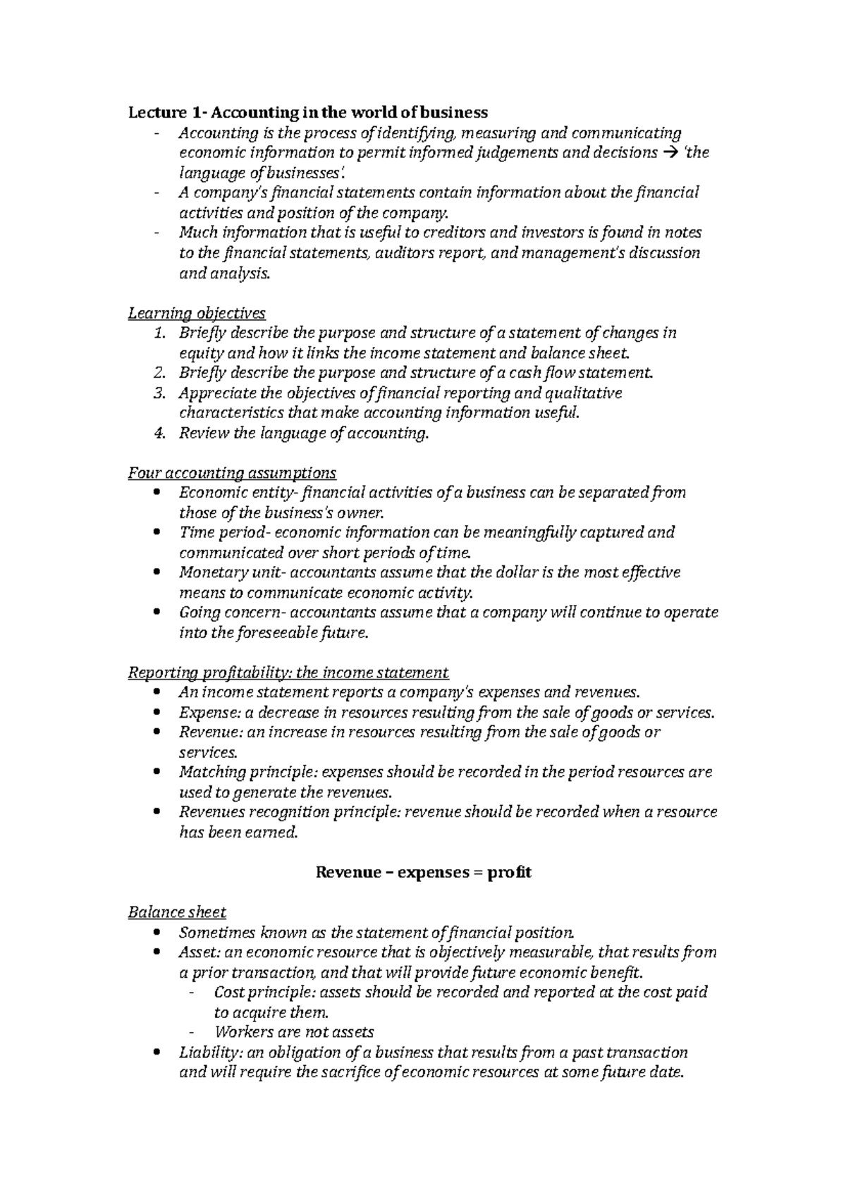 Accounting A lecture notes - Lecture 1- Accounting in the world of ...
