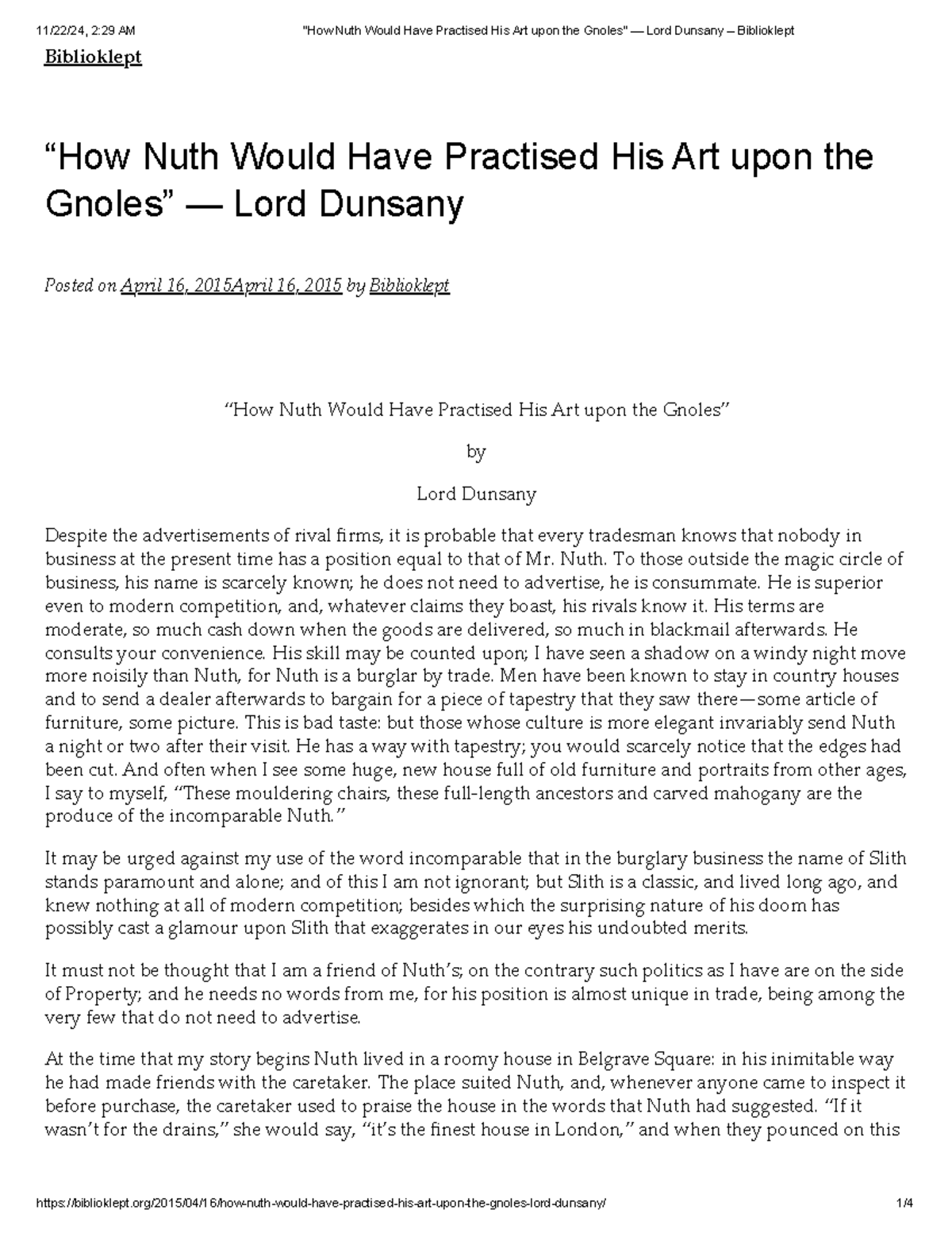 “How Nuth Would Have Practised His Art upon the Gnoles” — Lord Dunsany ...