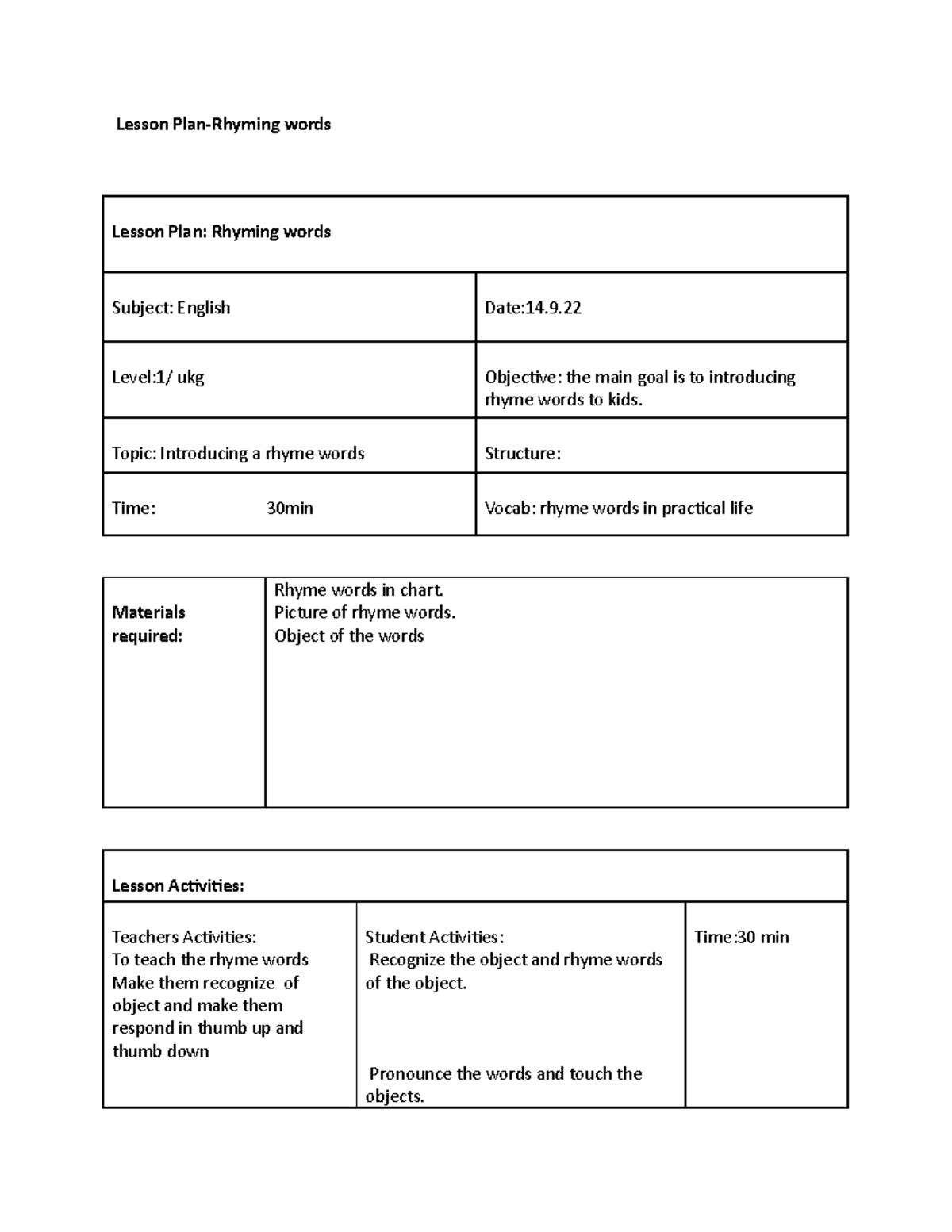 Lesson Plan rhyming Sample Model Plan Lesson Plan Rhyming Words