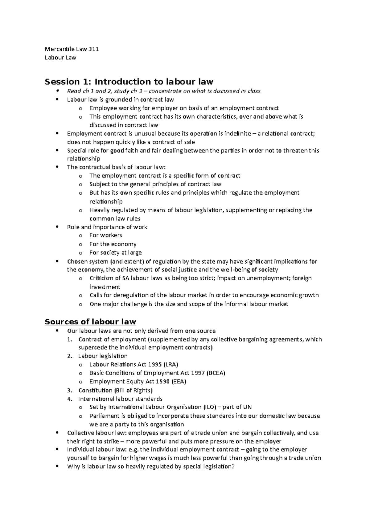 Labour Law Notes For 2022 Mercantile Law 311 Labour Law Session 1 