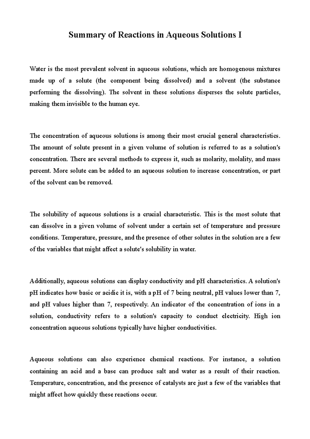 Summary of Reactions in Aqueous Solutions 1 - The solvent in these ...