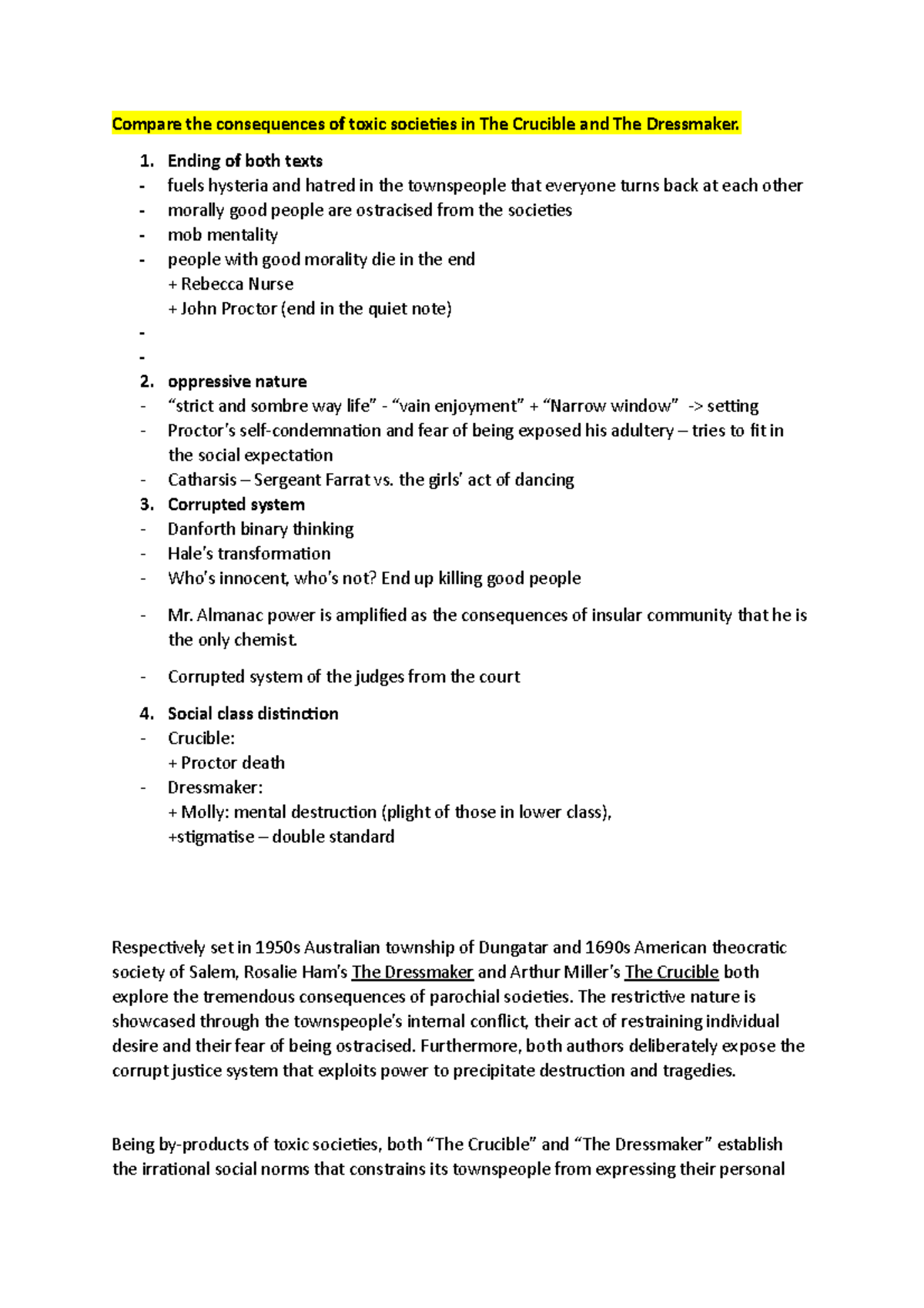 the crucible and the dressmaker comparative essay example