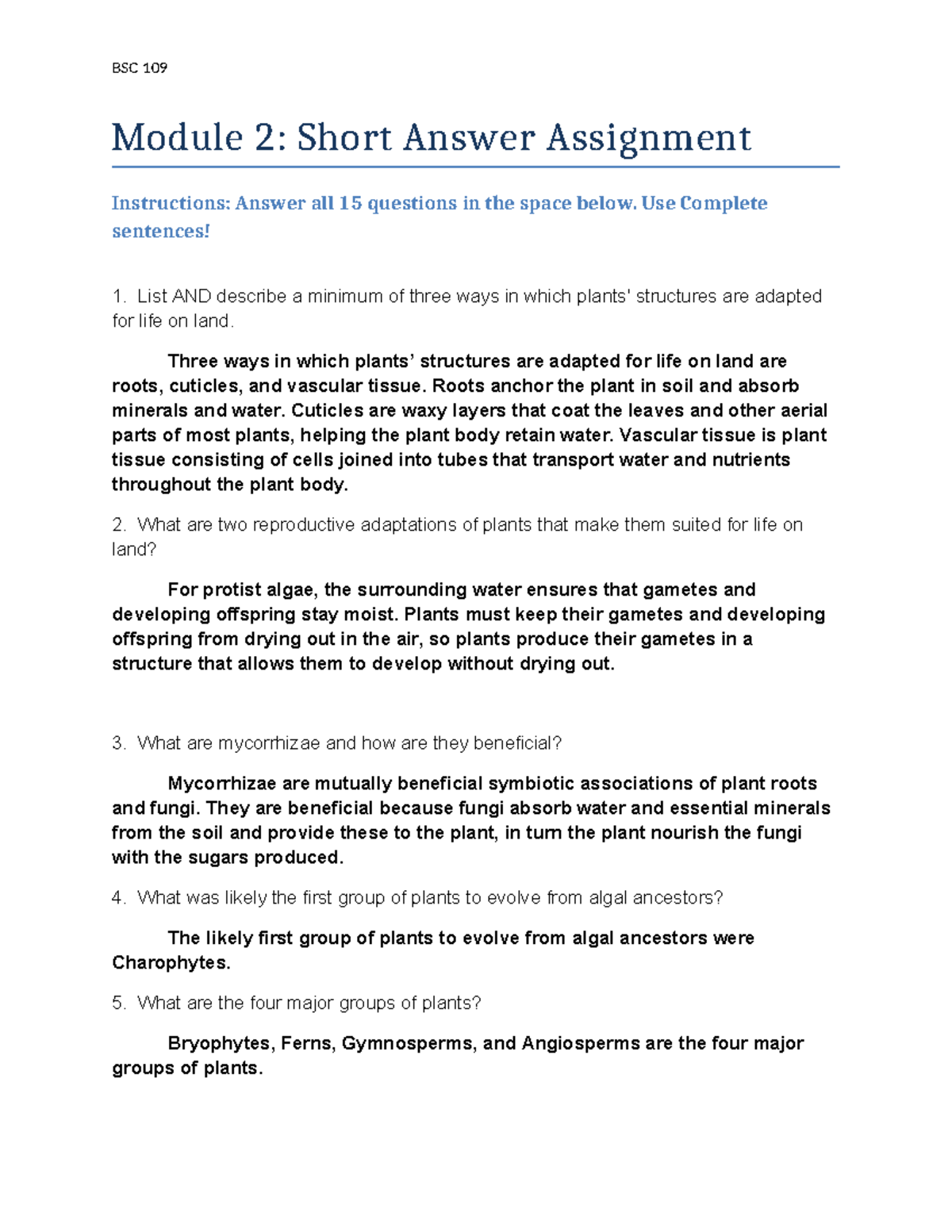 BSC 109 Mod2Assignment - BSC 109 Module 2: Short Answer Assignment ...