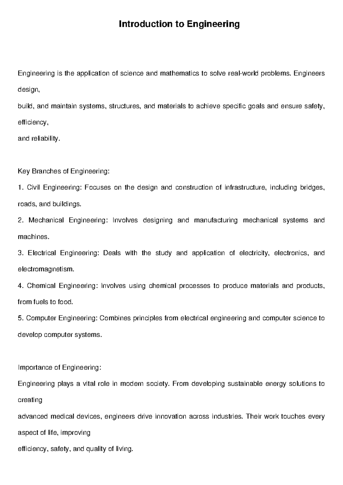 Engineering overview - Notes - Introduction to Engineering Engineering ...