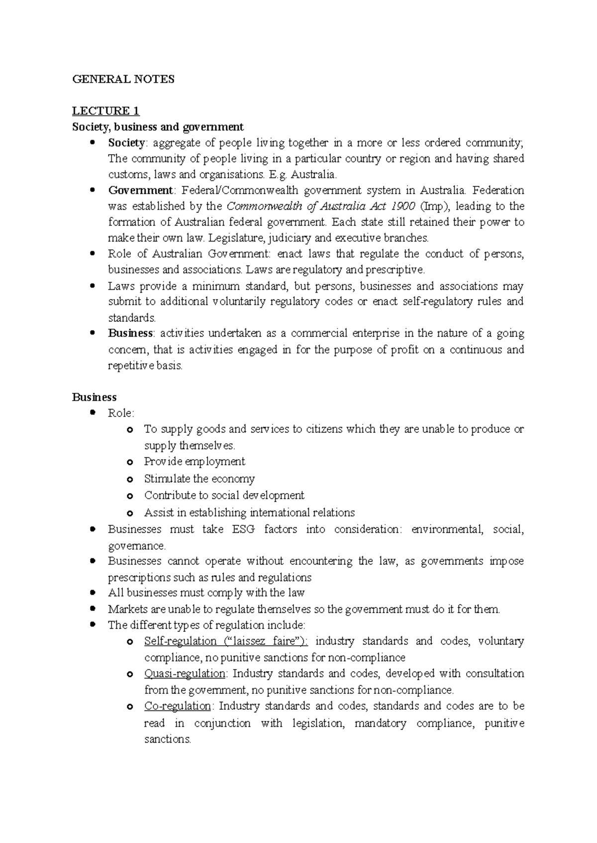 Lecture 1 & 2 Notes - GENERAL NOTES LECTURE 1 Society, business and ...