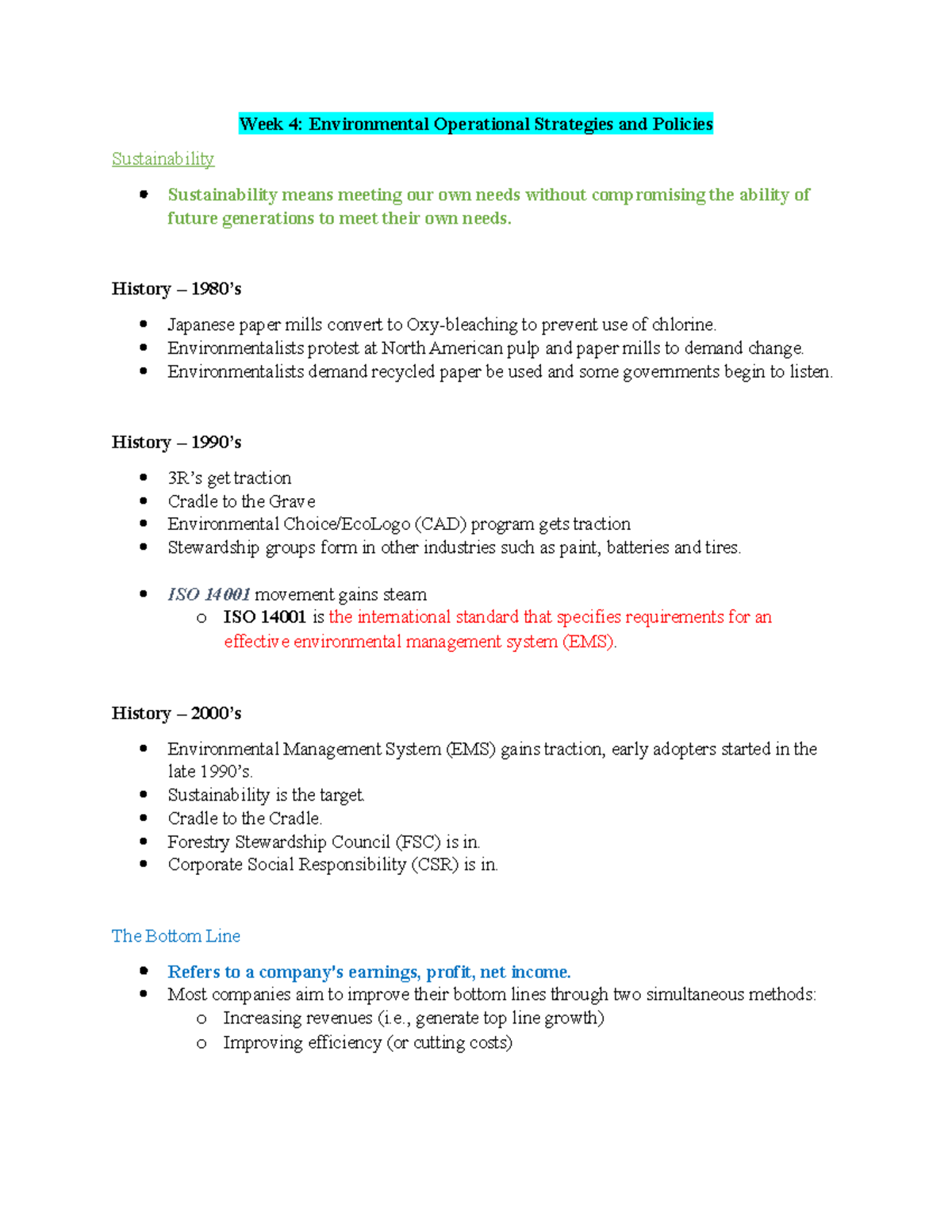 Week 4 notes - Week 4: Environmental Operational Strategies and ...