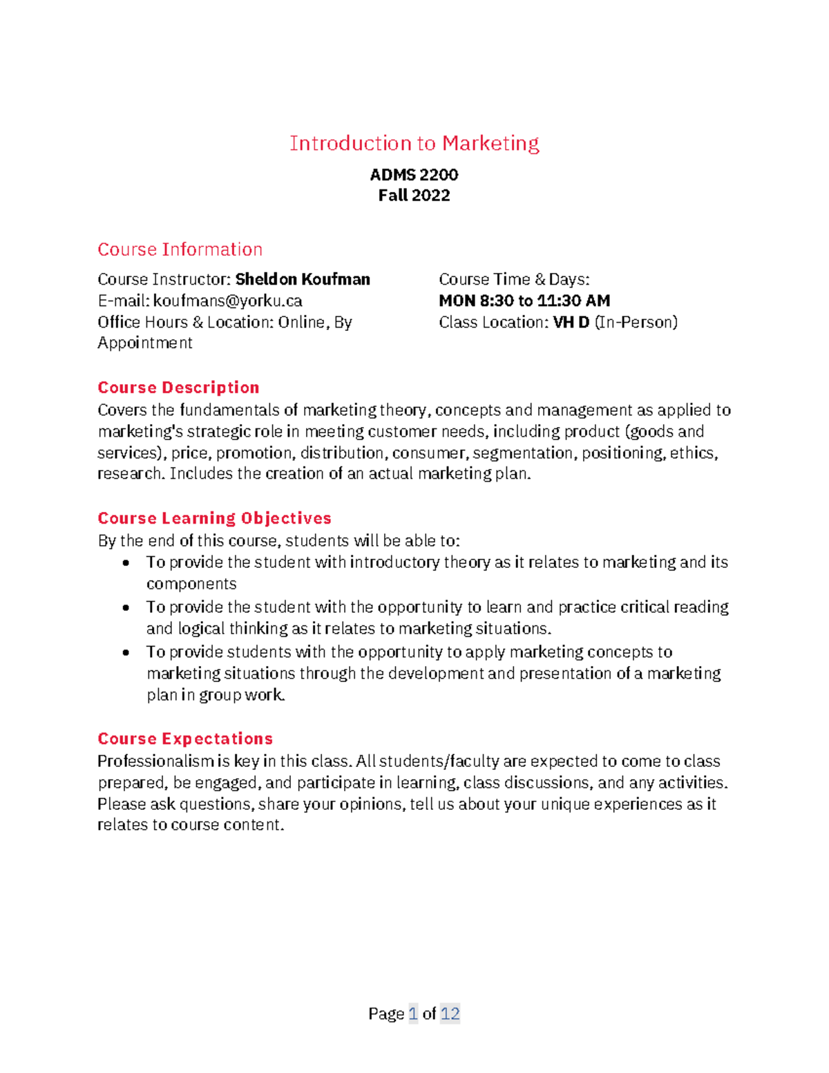 ADMS 2200 Fall2022 SK - Course outline for ADMS 2200 - Introduction to ...