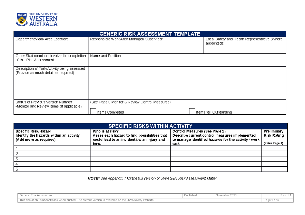 UWA Generic Risk Assessment Template - GENERIC RISK ASSESSMENT TEMPLATE ...