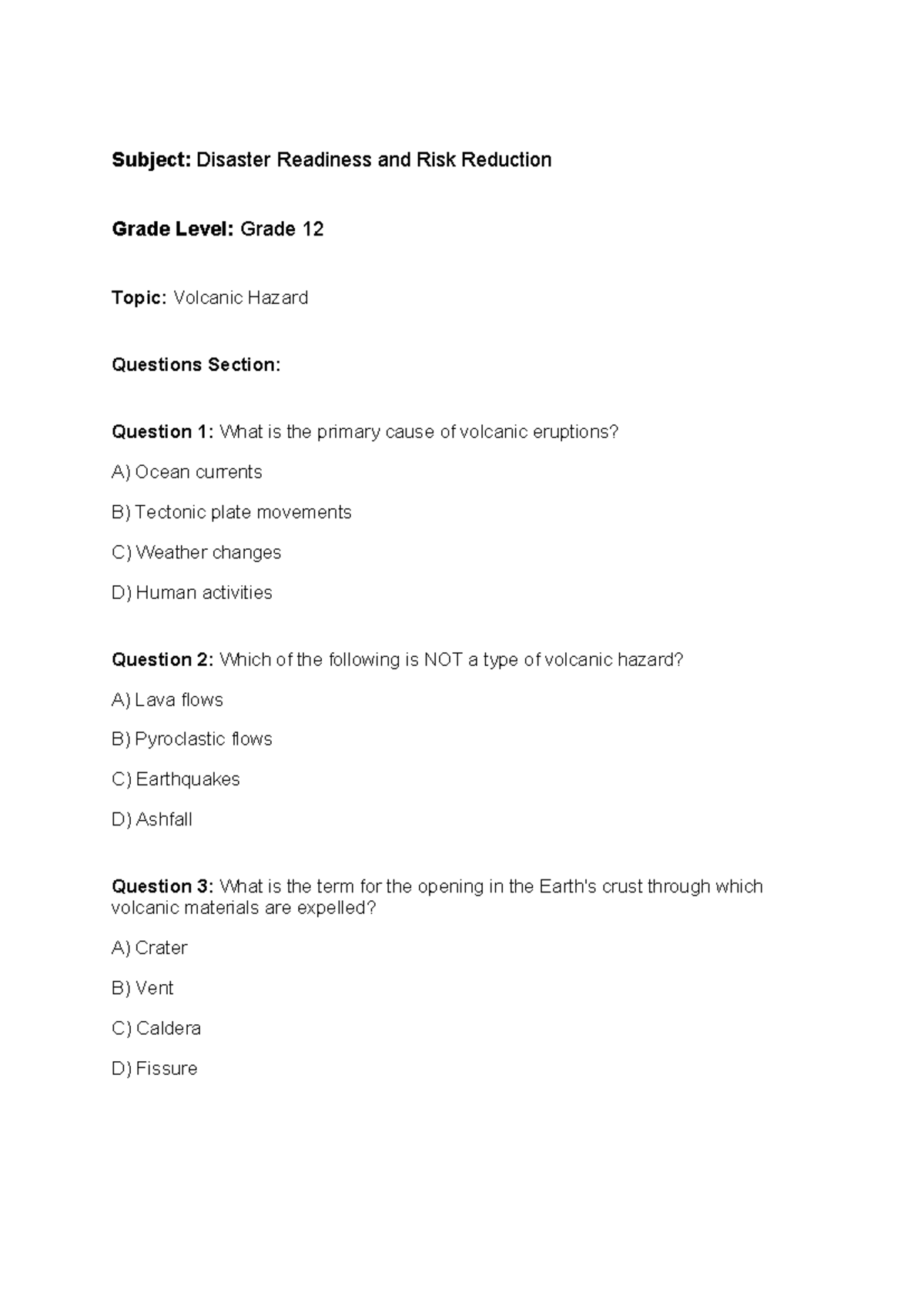 Quiz Disaster Readiness and Risk Reduction - Subject: Disaster ...