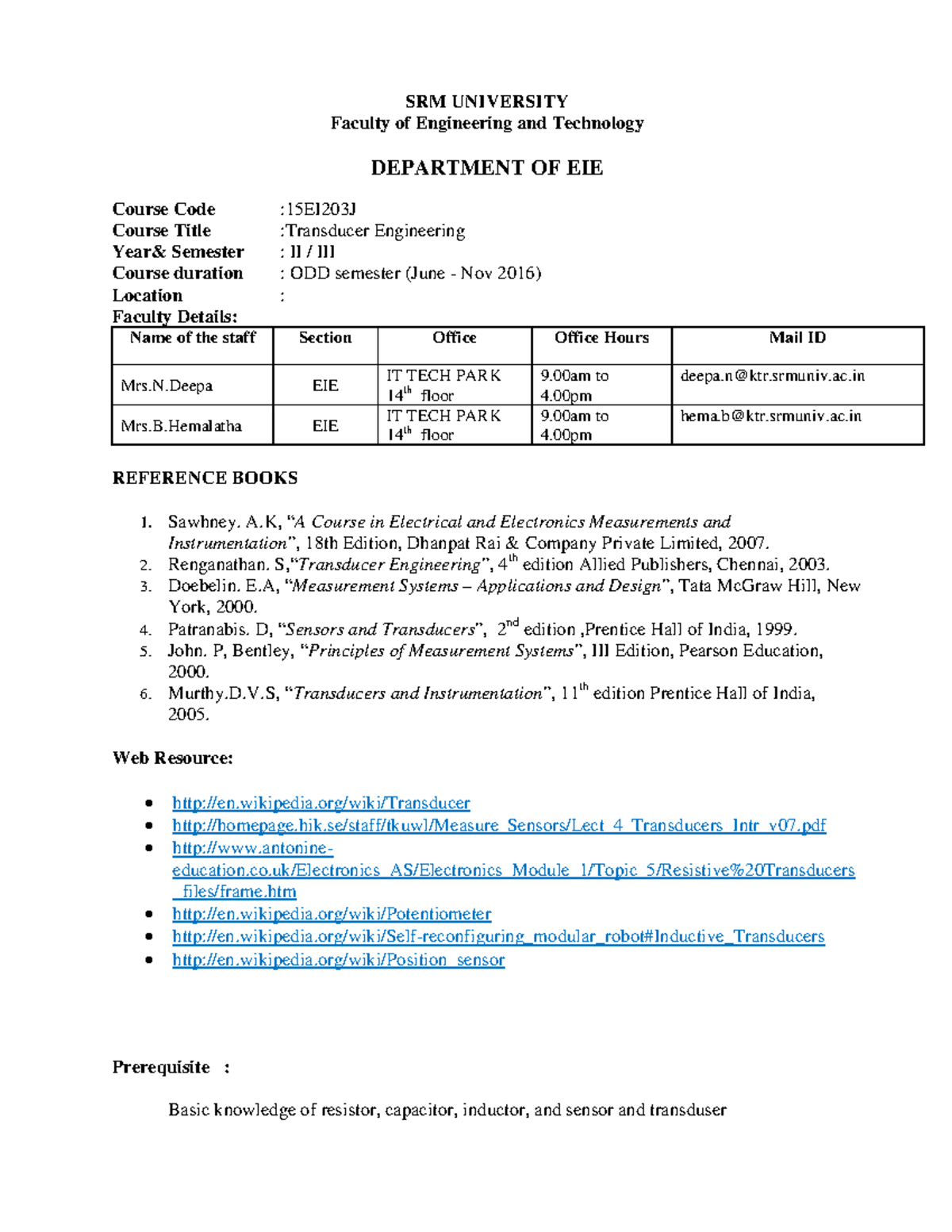 15EI203J Transducer Engineering doc - SRM UNIVERSITY Faculty of ...