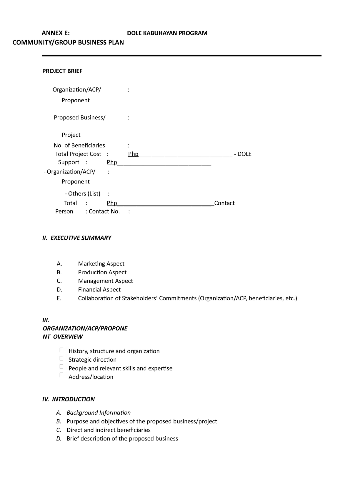 dole kabuhayan program individual business plan sample