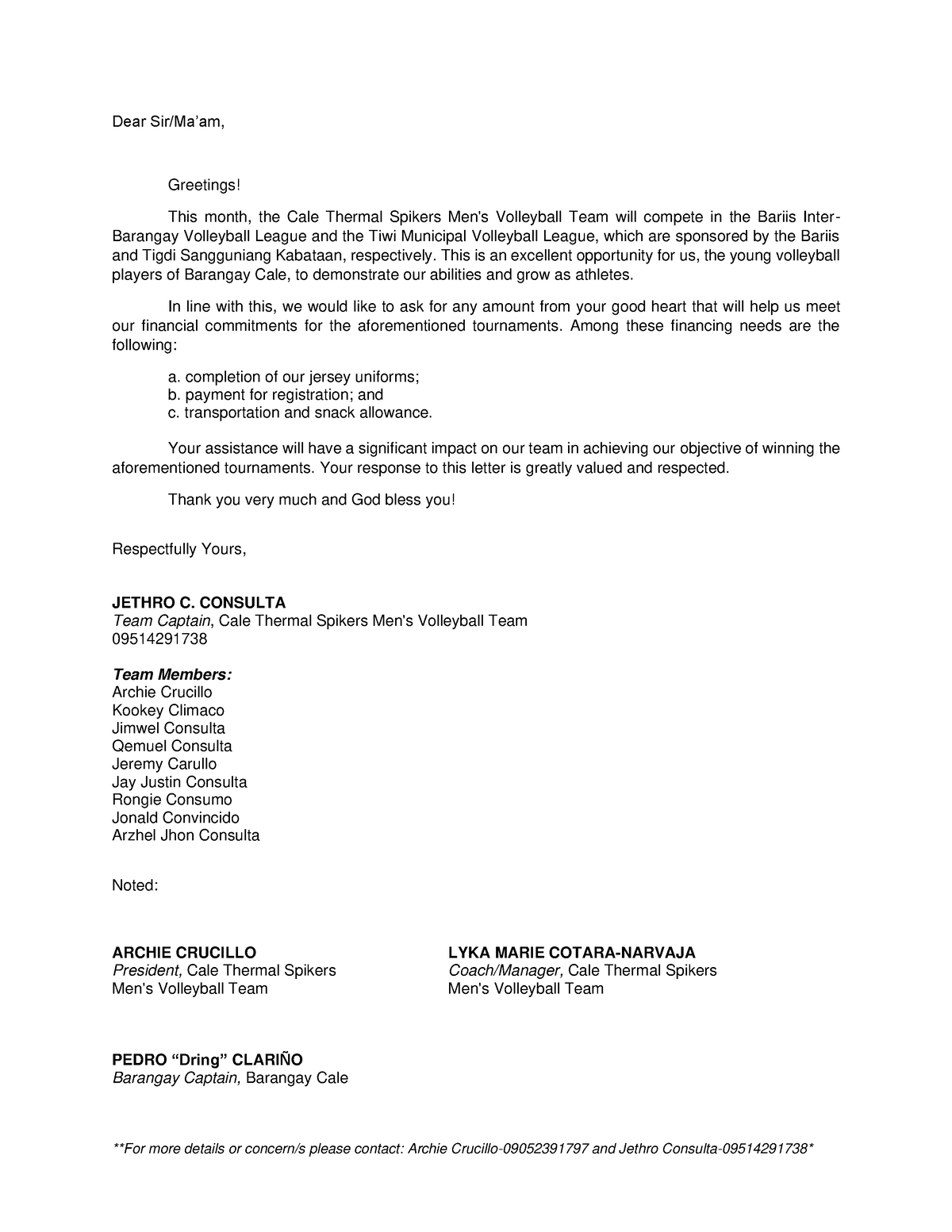 Solicitation Letter - Team Cale - **For more details or concern/s ...