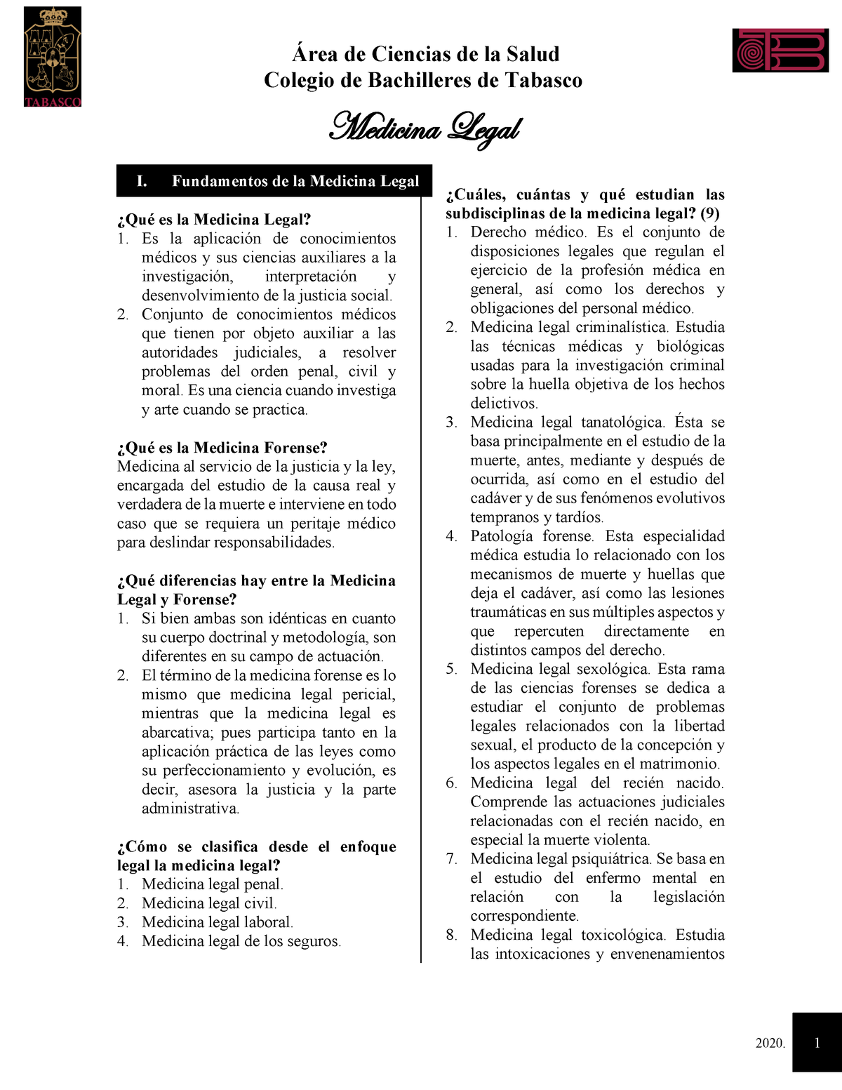 Examen De Medicina Legal Preguntas Y Respuestas Colegio De Bachilleres De Tabasco Medicina