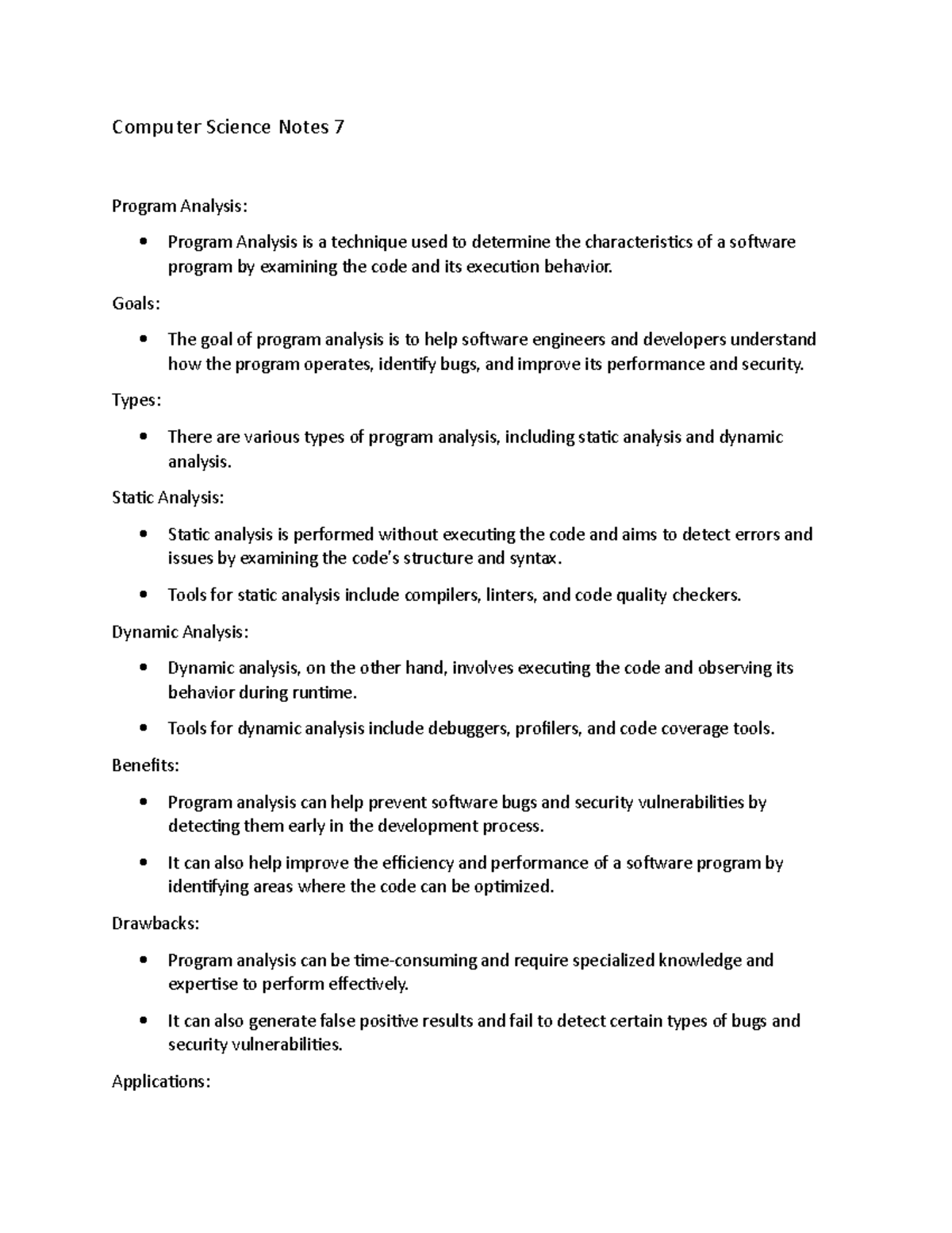 Computer Science Notes 7 - Goals: The goal of program analysis is to ...