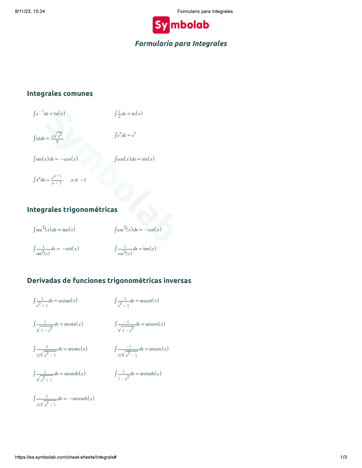 Formulario Para Integrales - Symbolab/cheat-sheets/Integrals# 1 ...