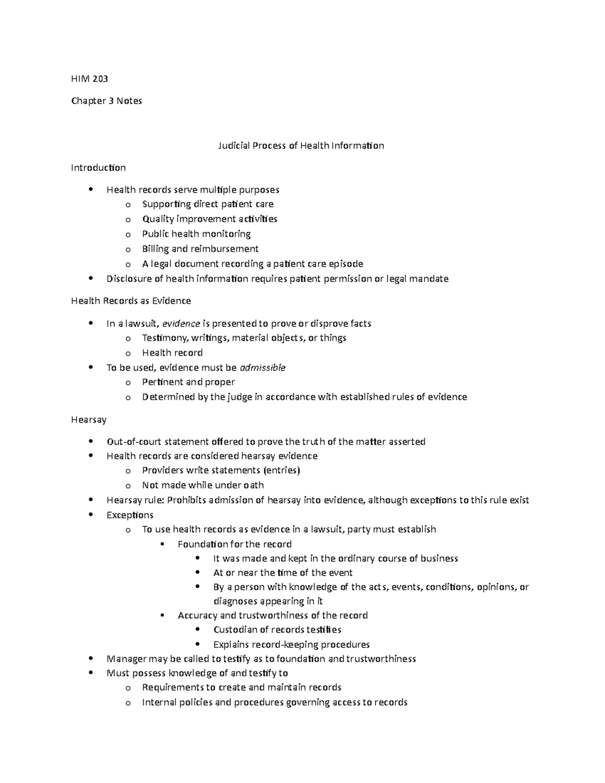 HIM 203 - Chap 3 Notes - HIM 203 Chapter 3 Notes Judicial Process of ...