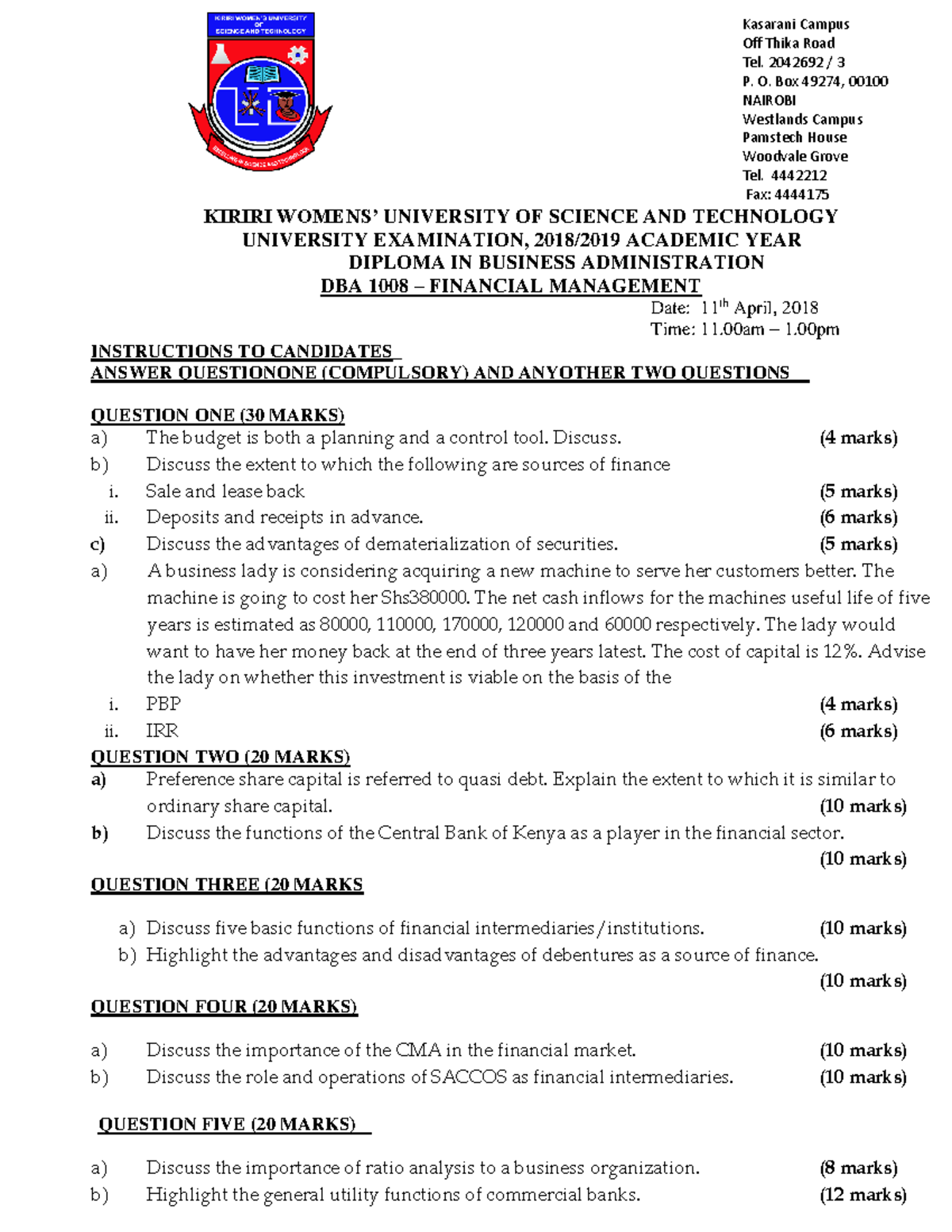 DBA 1008 – Financial Management - Kasarani Campus Off Thika Road Tel ...