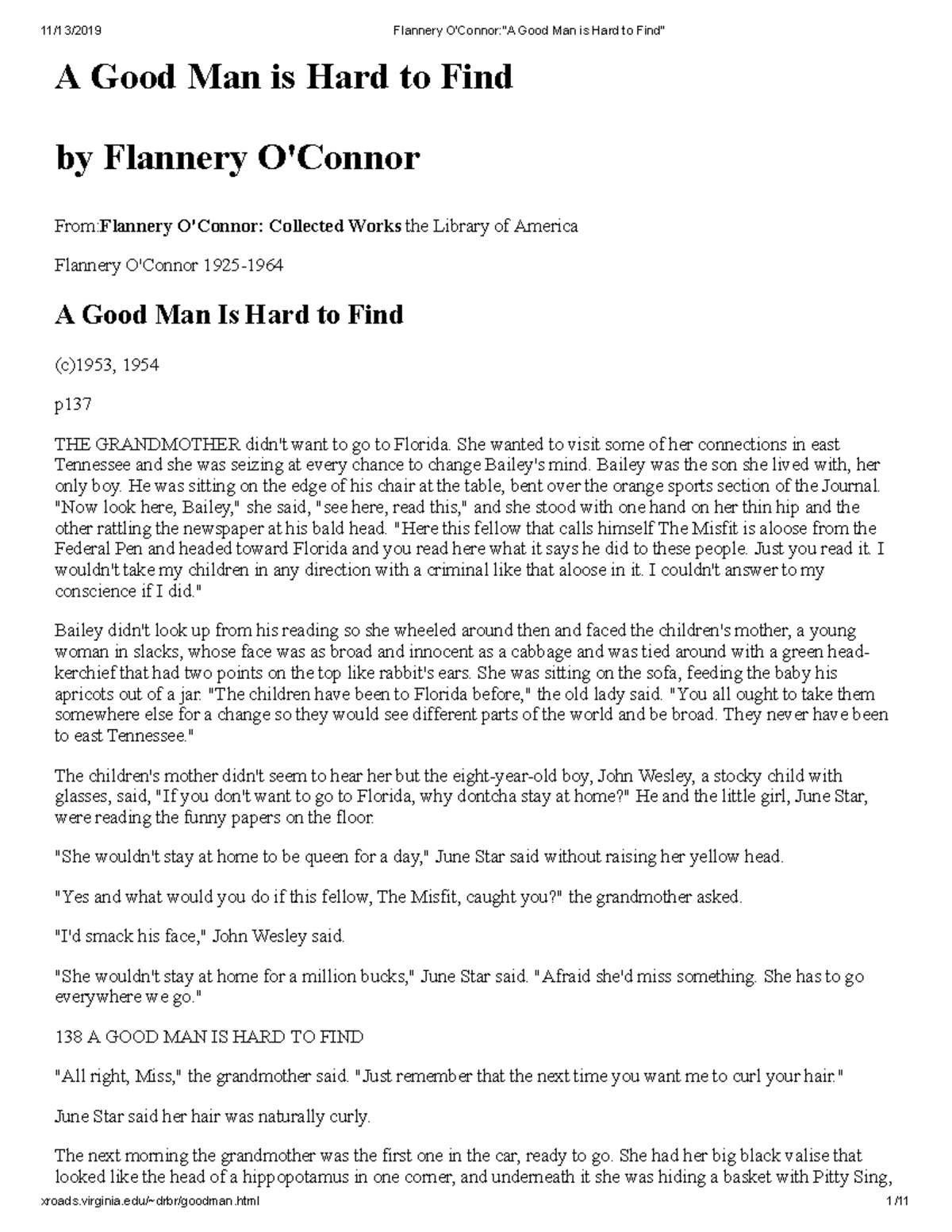 Flannery Oconnor A Good Man Is Hard To Find A Good Man Is Hard To