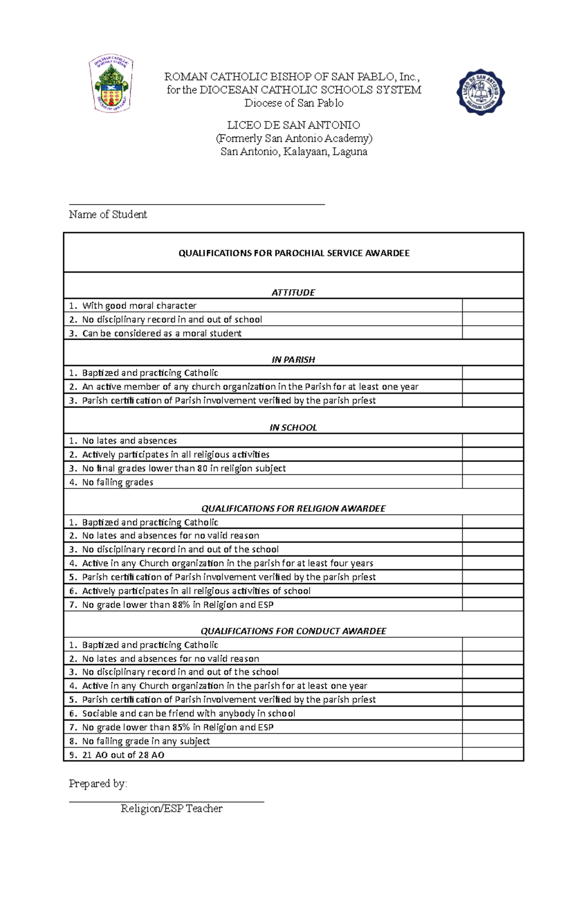 Criteria - dsssssss - ROMAN CATHOLIC BISHOP OF SAN PABLO, Inc., for the ...