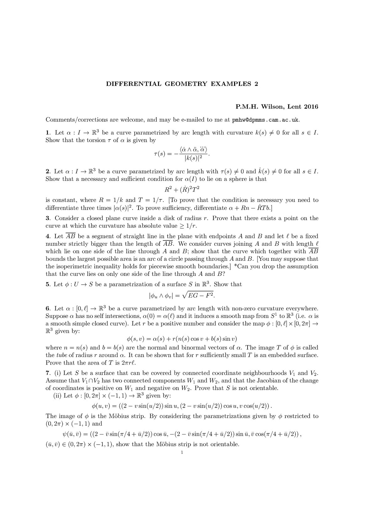 Differential Geometry 20152016 Example Sheet 2 DIFFERENTIAL GEOMETRY