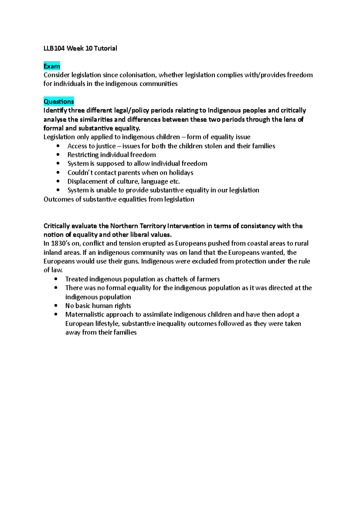 LLB104 W10 Tutorial - tute notes - LLB104 Week 10 Tutorial Exam ...
