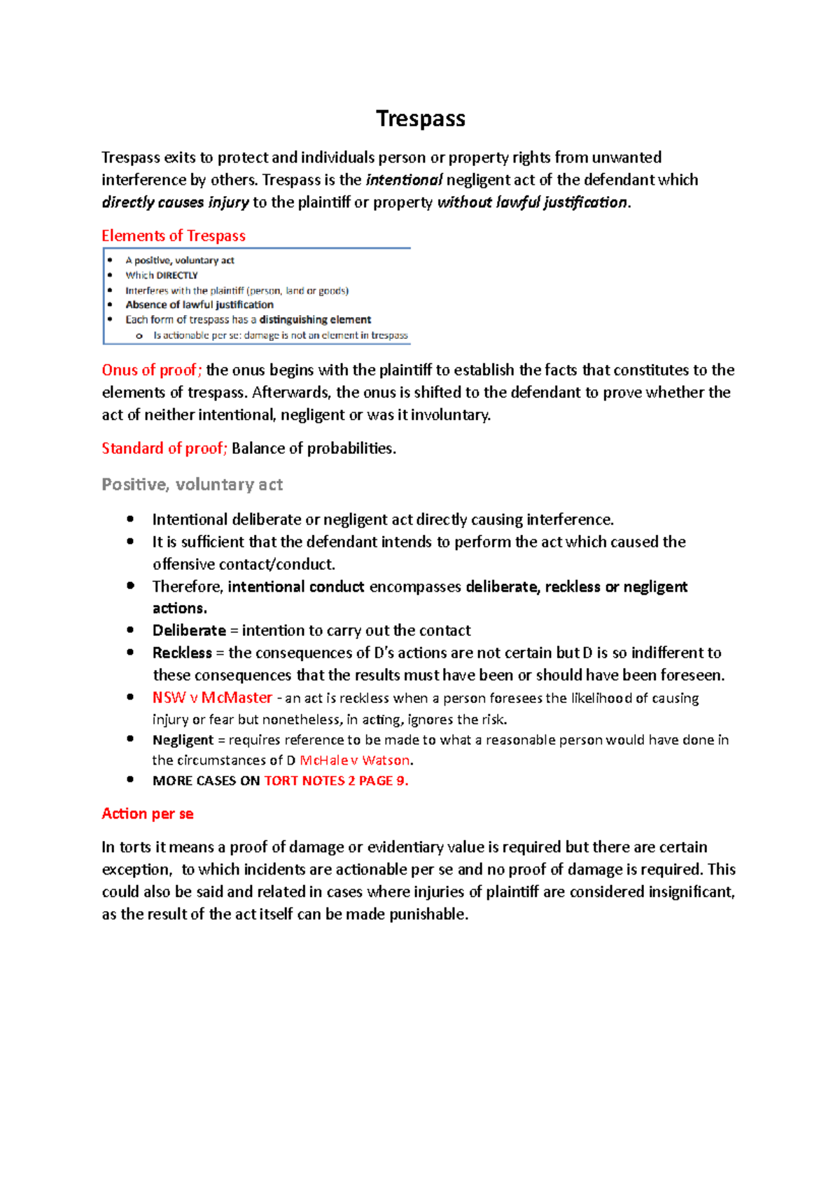Torts Week 2 intentional tort - Trespass Trespass exits to protect and ...