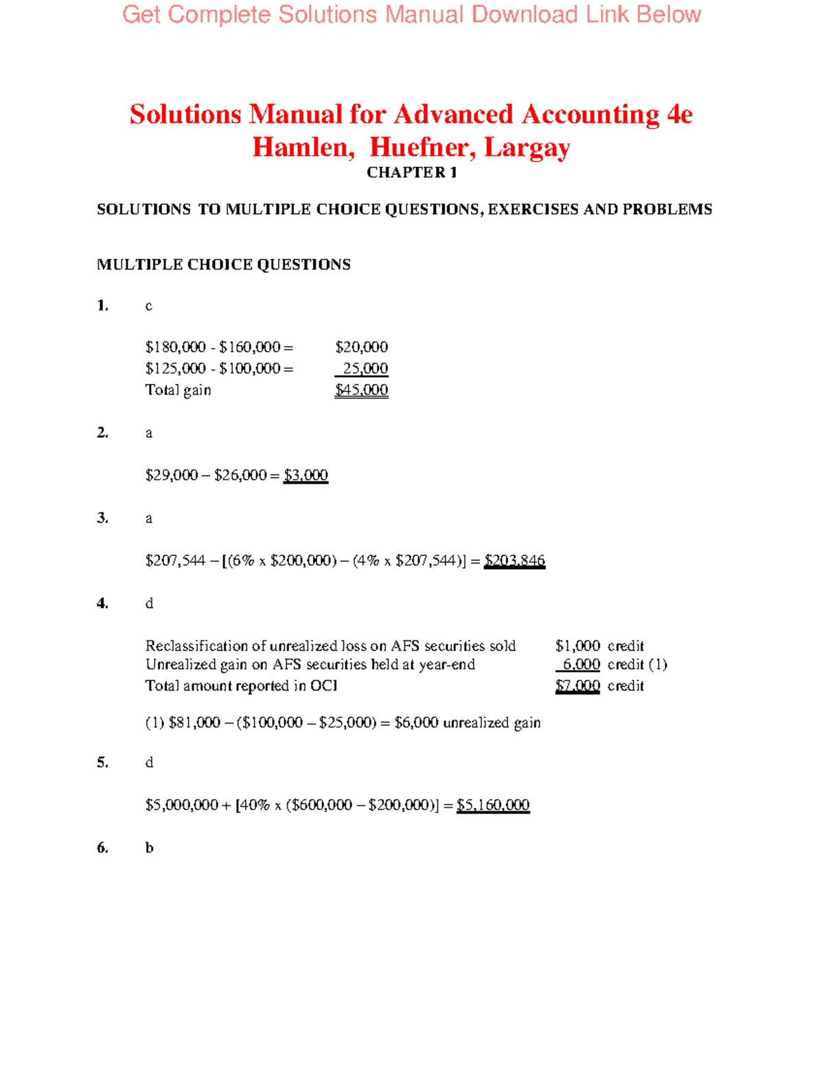 Solutions Manual for Advanced Accounting 4e Hamlen, Huefner, Largay ...