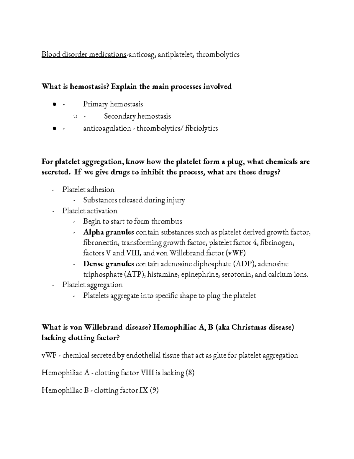 Hemostasis Blood Study Guide Questions for Quiz Blood disorder medicationsanticoag
