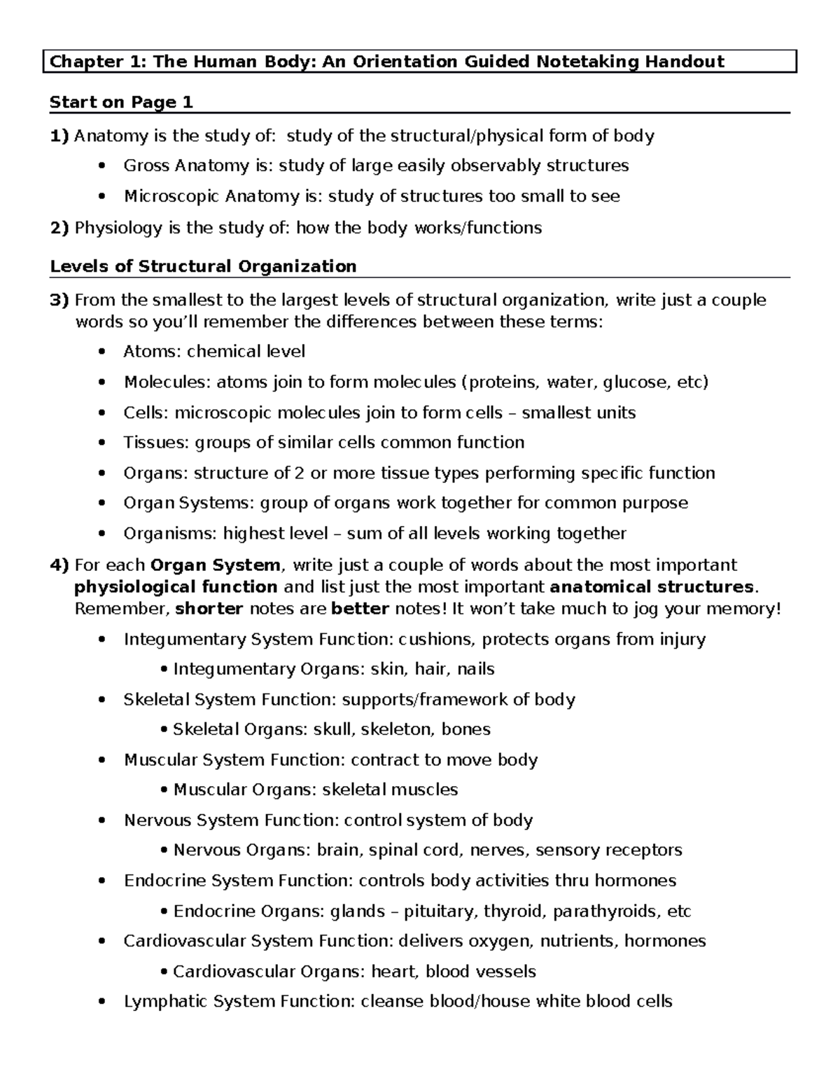 ANAT Week 2 Ch 1 - lecture notes - Chapter 1: The Human Body: An ...